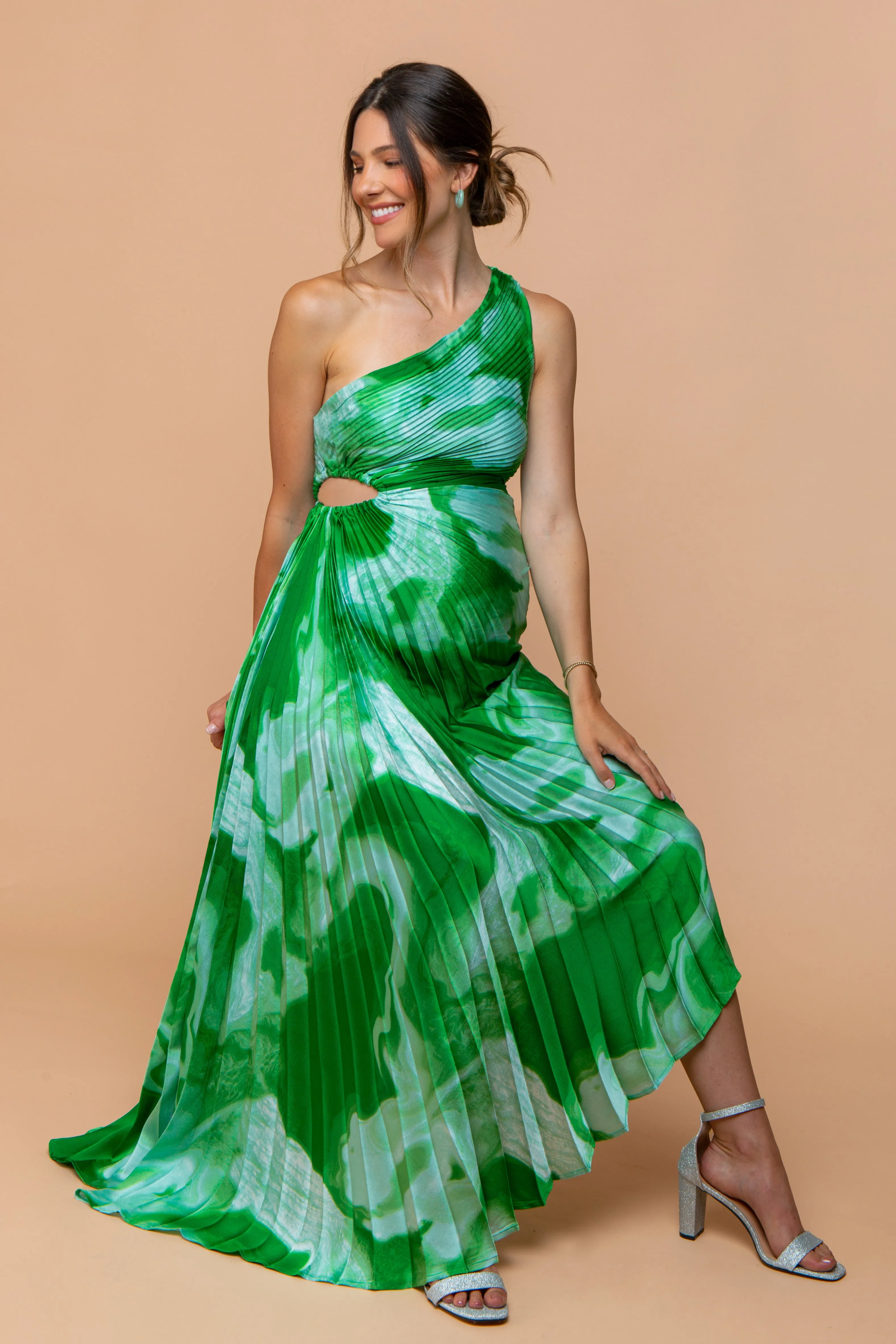 Green Watercolor Satin Pleated One-Shoulder Asymmetrical Maternity Midi Dress sold by Pinkblush