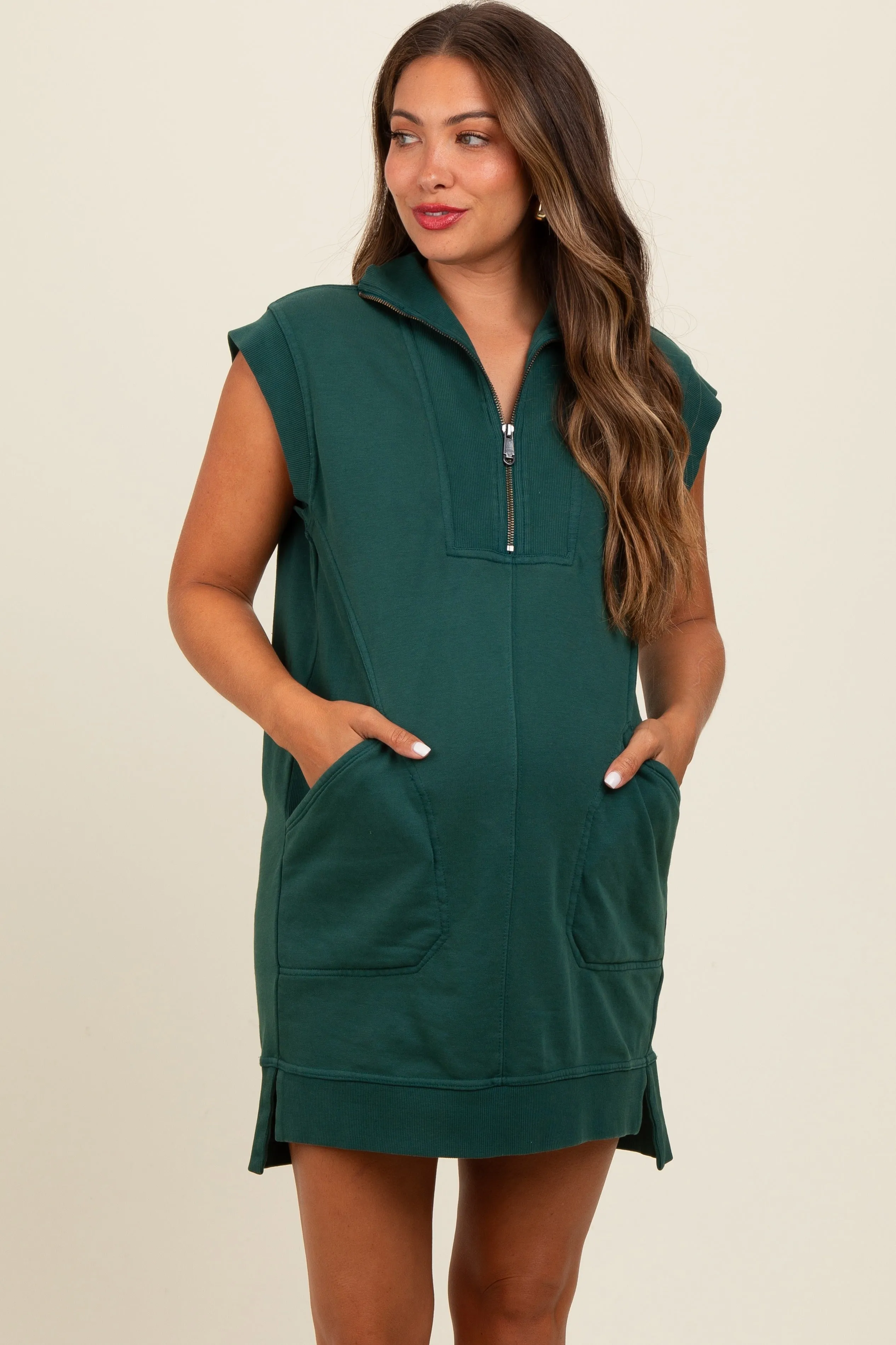 Forest Green Zip Up Hooded Maternity Sweatshirt Mini Dress sold by Pinkblush