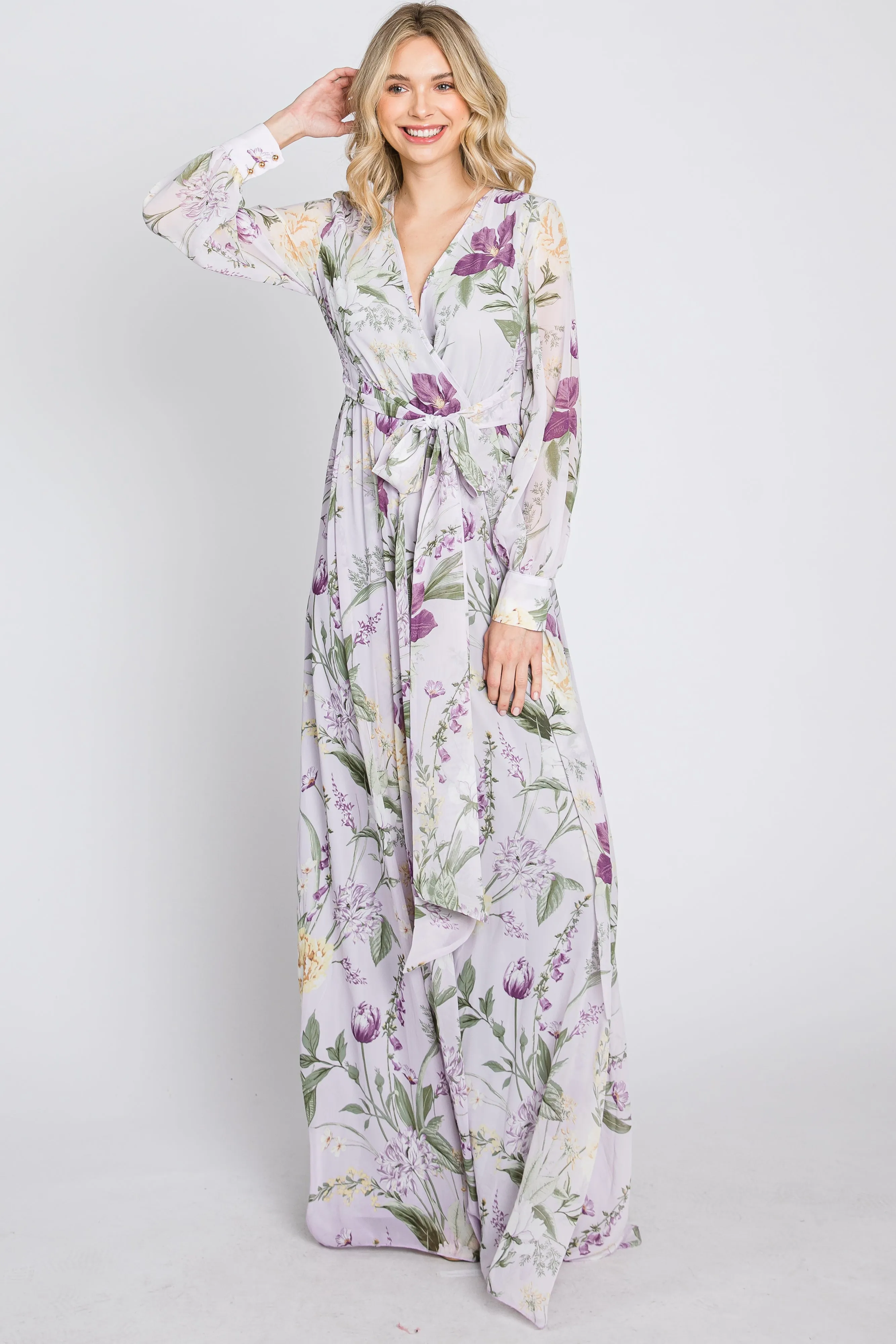Lavender Floral Chiffon Long Sleeve Pleated Maxi Dress sold by Pinkblush product image thumbnail 4