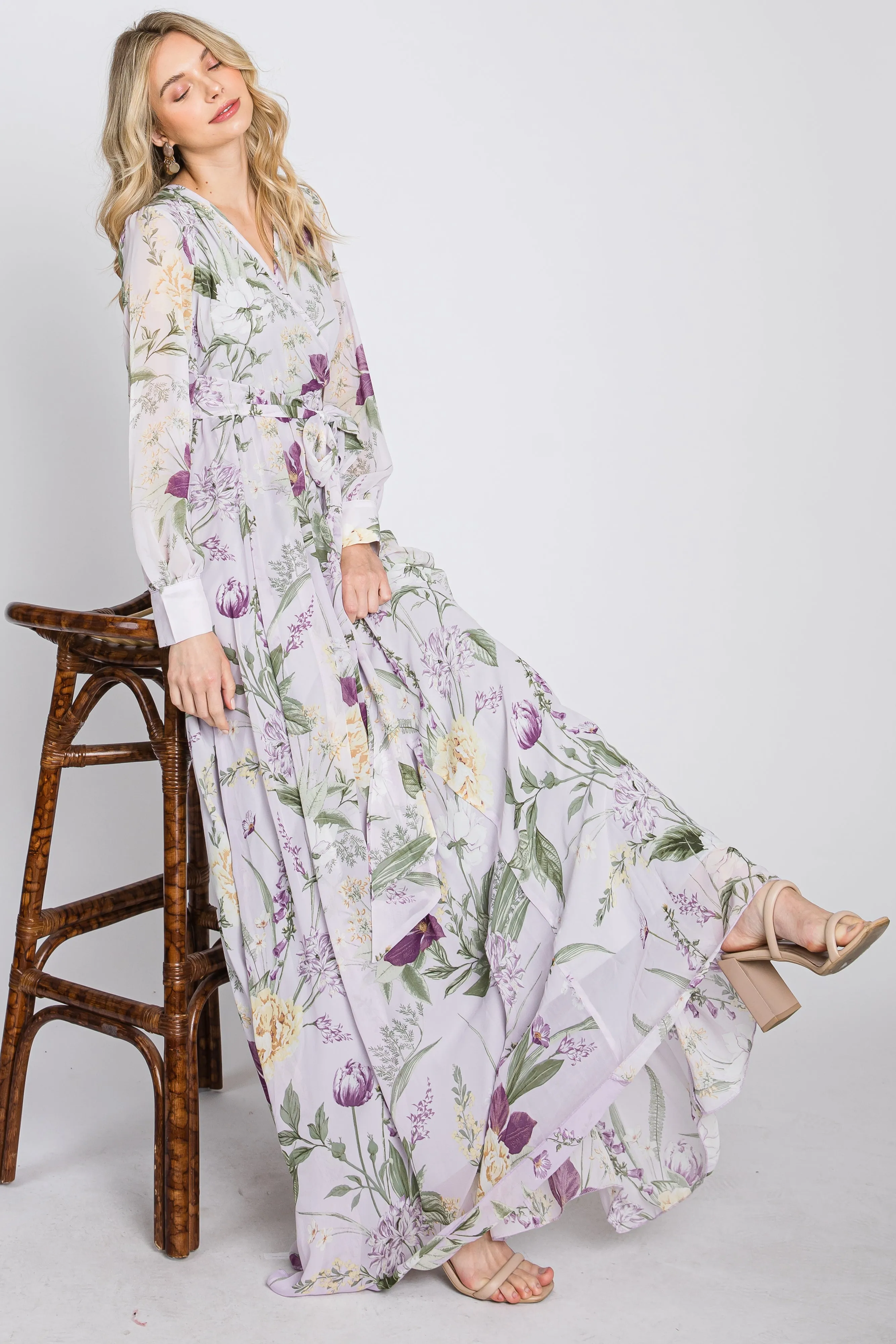 Lavender Floral Chiffon Long Sleeve Pleated Maxi Dress sold by Pinkblush