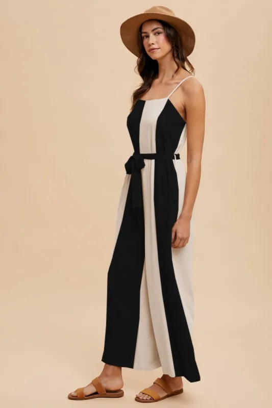 Natural Black Color Block Linen Wide Leg Jumpsuit sold by Pinkblush