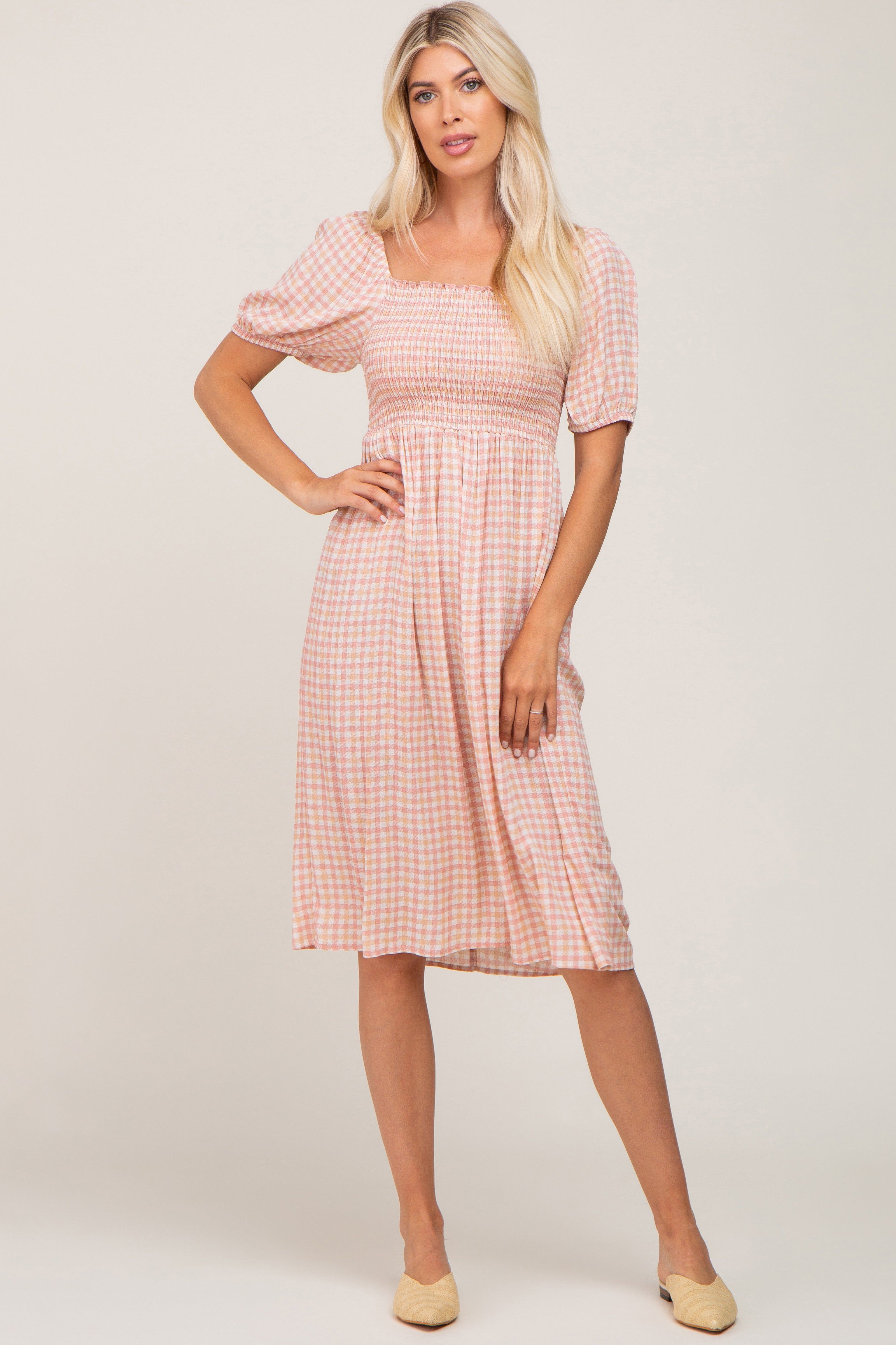 Pink Gingham Print Smocked Midi Dress sold by Pinkblush