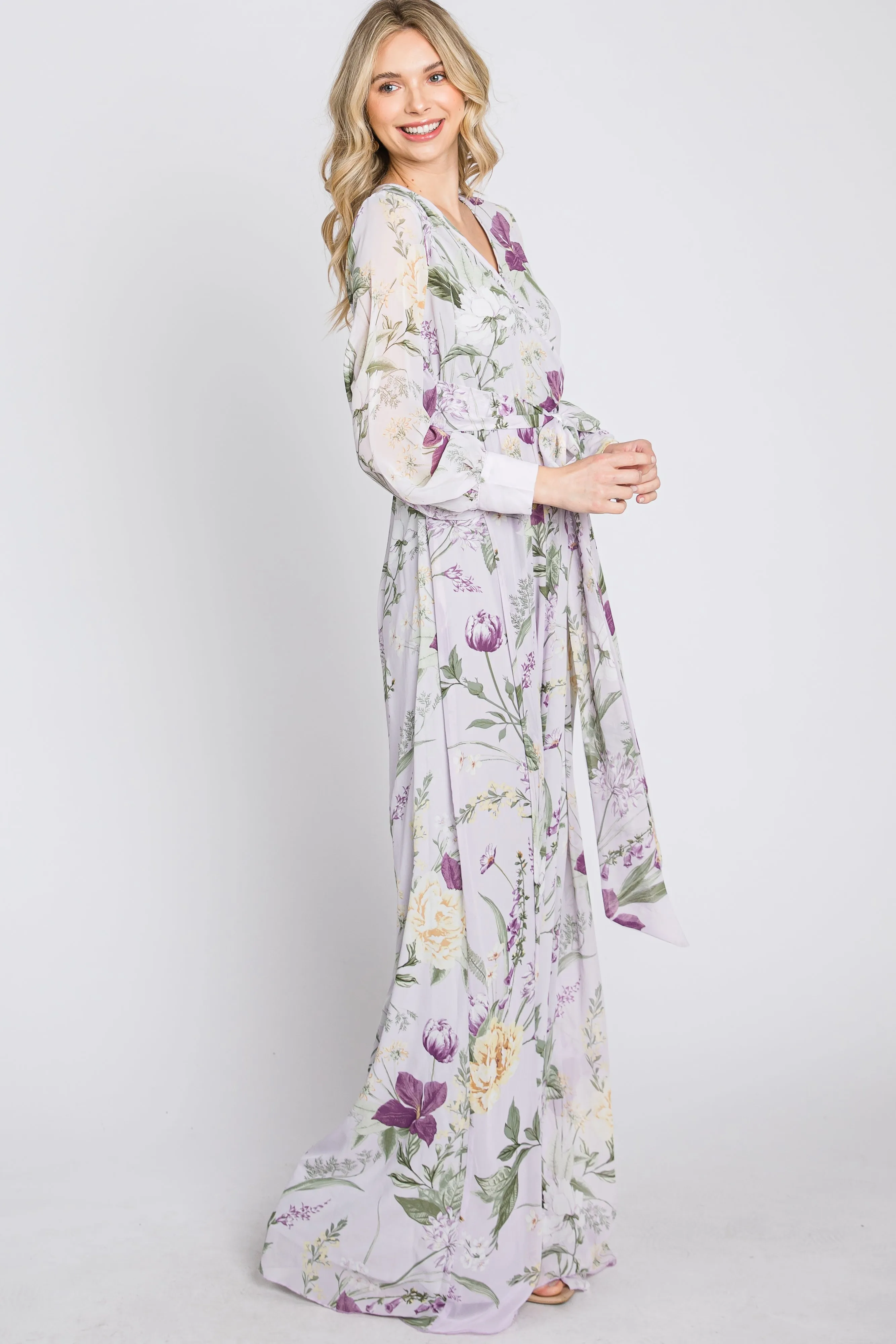 Lavender Floral Chiffon Long Sleeve Pleated Maxi Dress sold by Pinkblush product image thumbnail 5