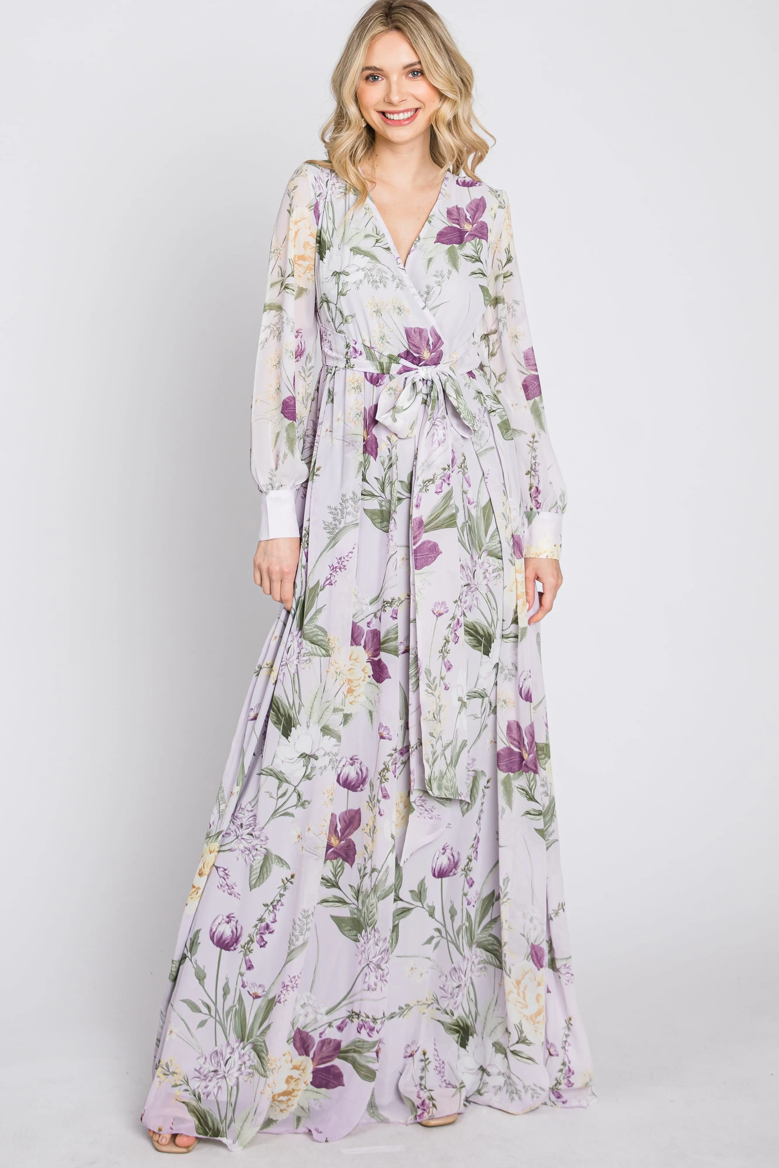 Lavender Floral Chiffon Long Sleeve Pleated Maxi Dress sold by Pinkblush product image thumbnail 2