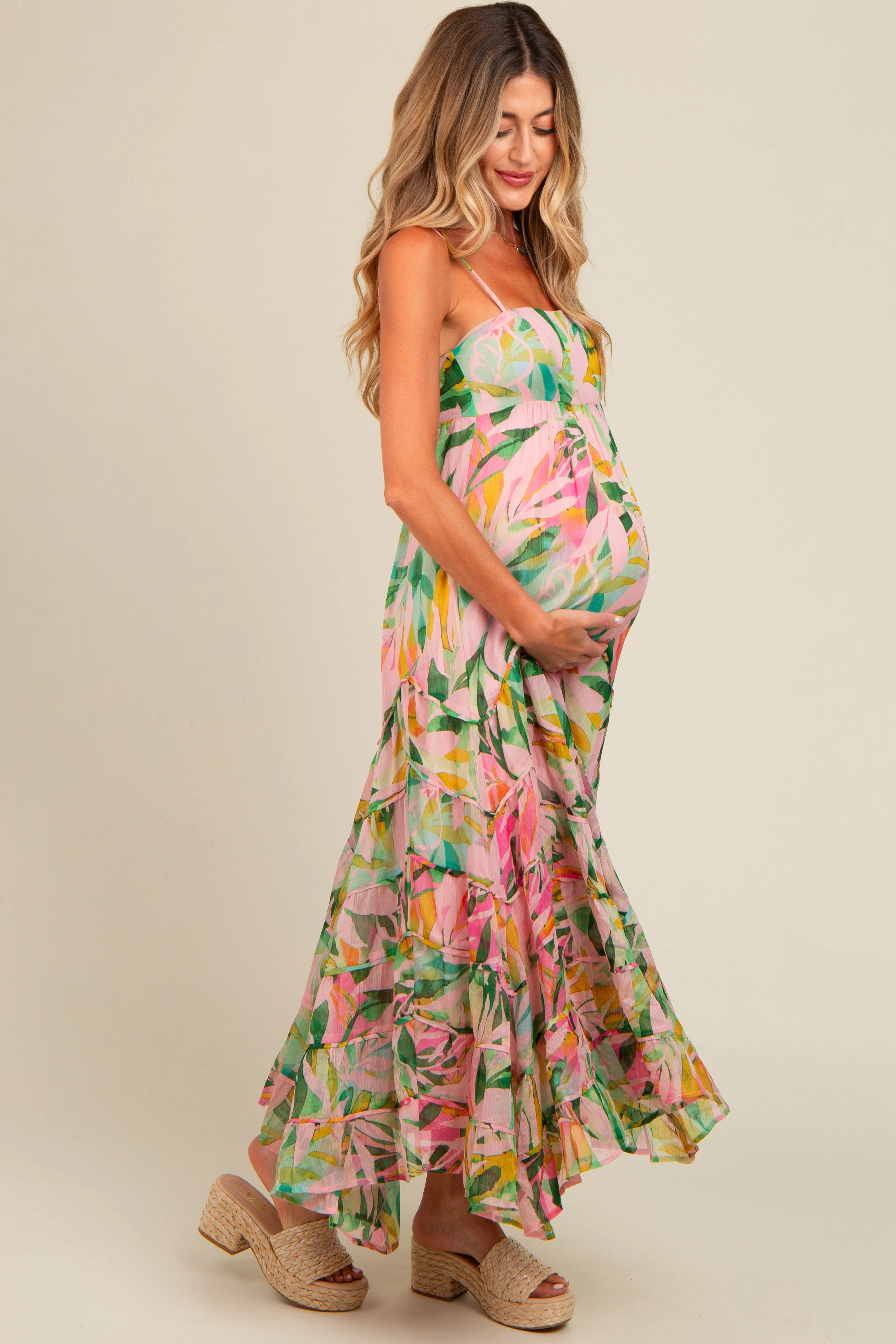 Pink Floral Tiered Ruffle Hem Maternity Maxi Dress sold by Pinkblush product image thumbnail 3