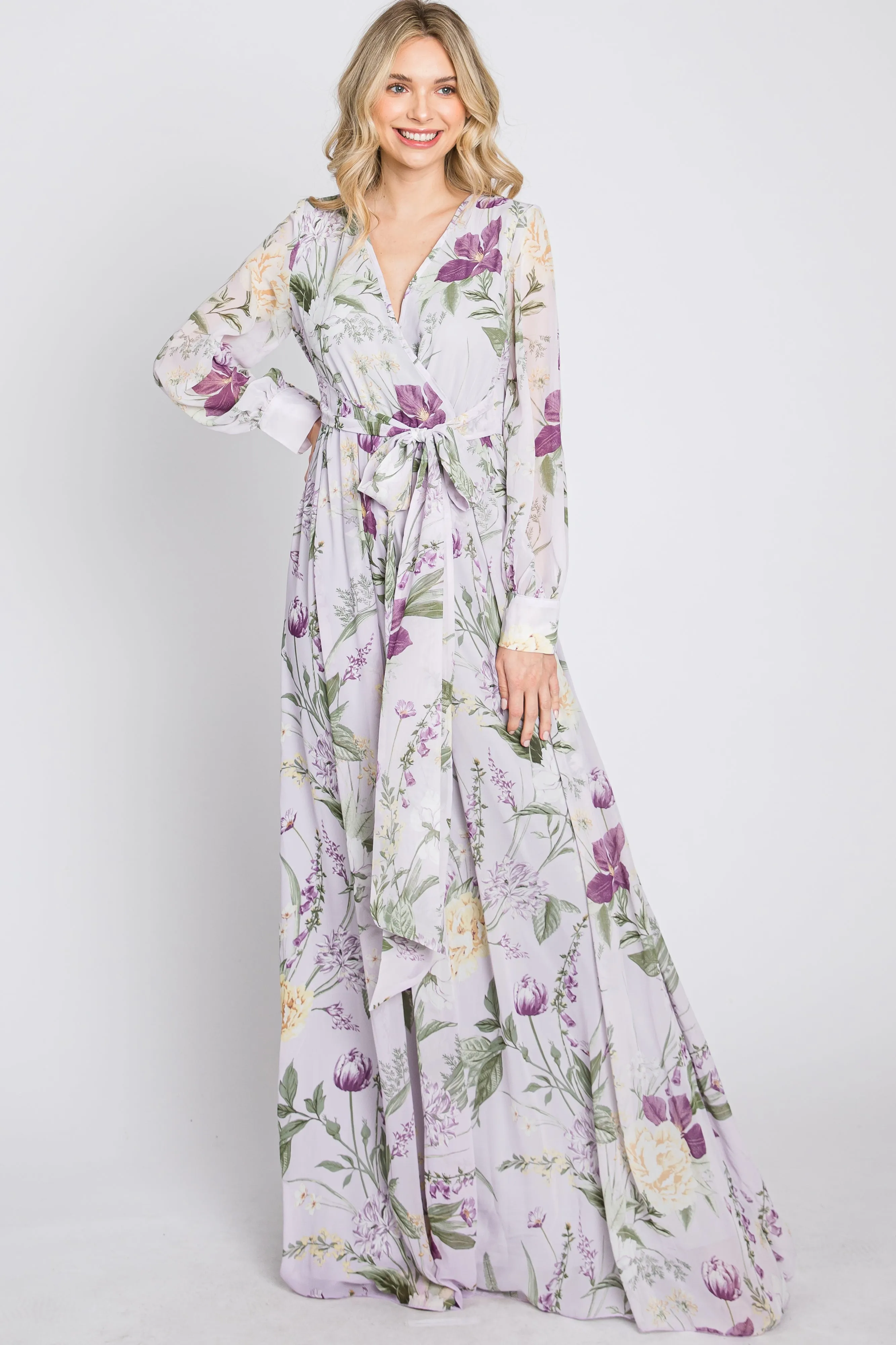 Lavender Floral Chiffon Long Sleeve Pleated Maxi Dress sold by Pinkblush product image thumbnail 3