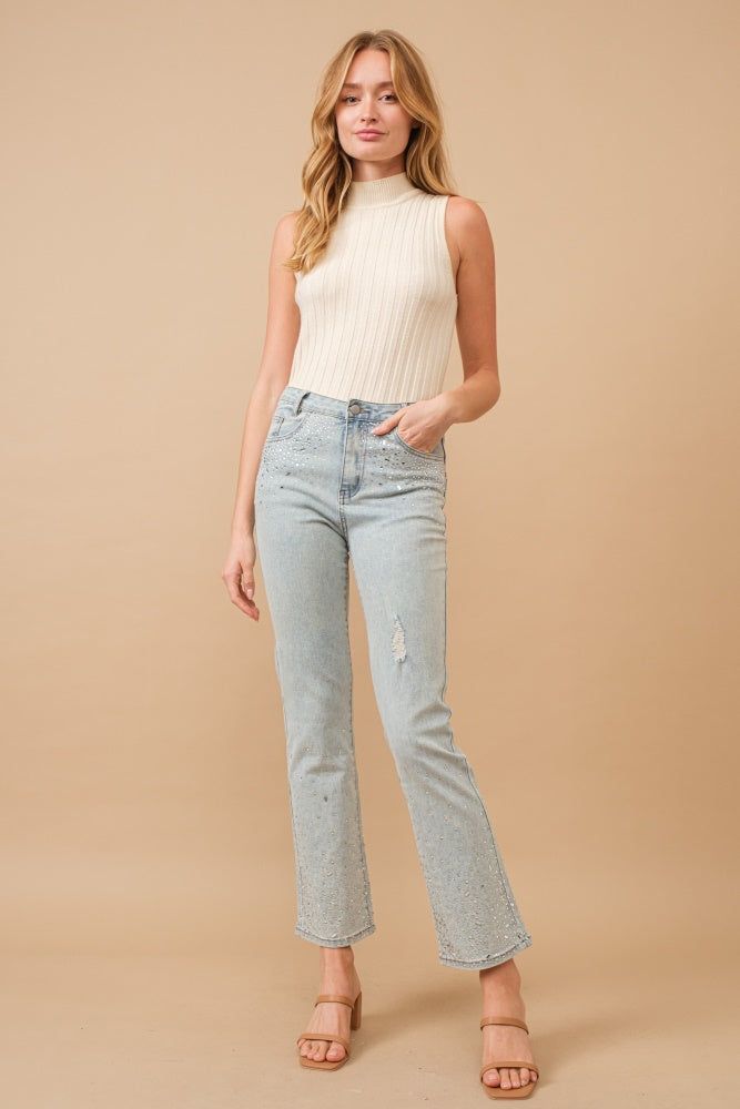 Light Wash High Waisted Rhinestone Denim Jeans sold by Pinkblush