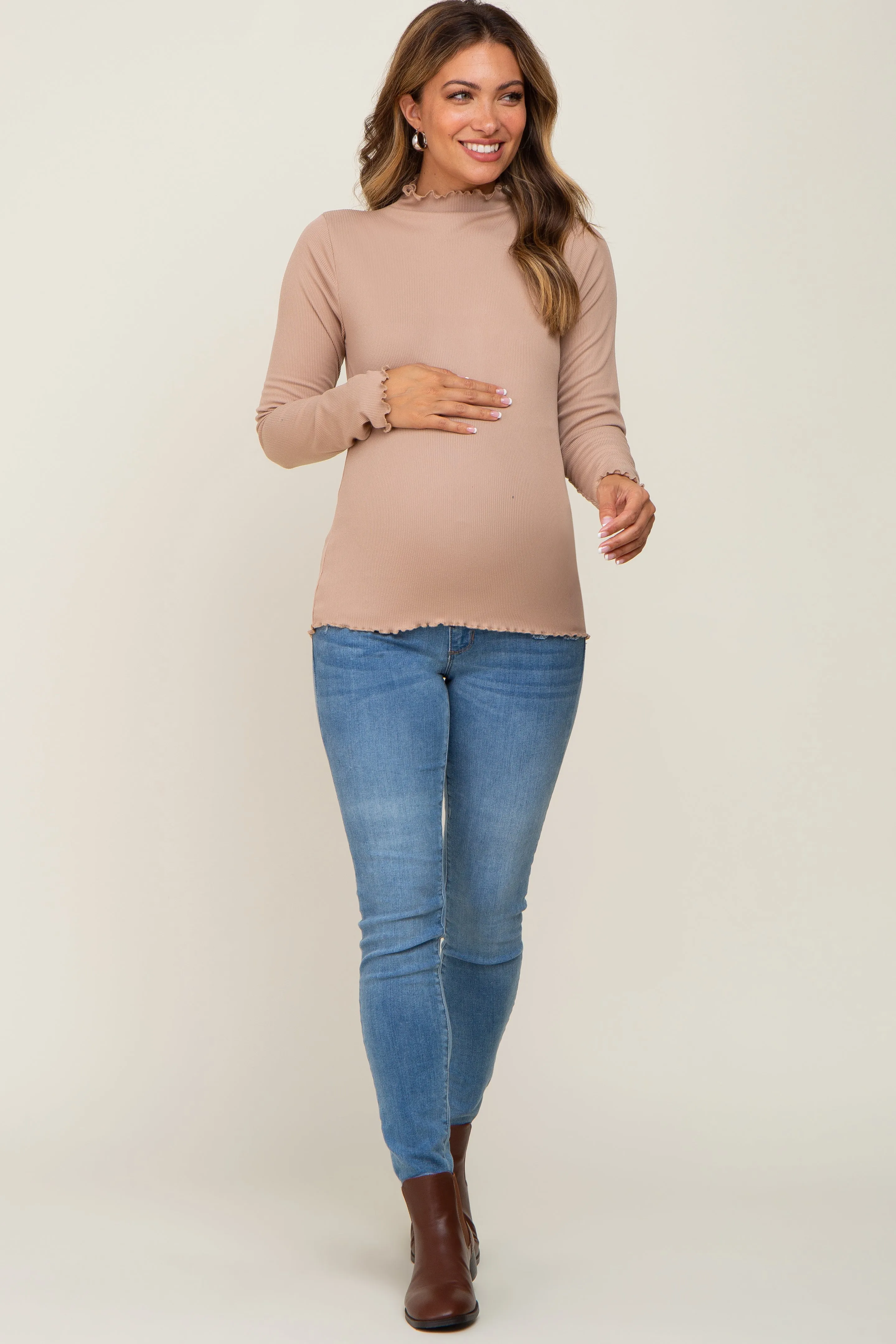 Taupe Ribbed Mock Neck Lettuce Trim Maternity Long Sleeve Top sold by Pinkblush product image thumbnail 4