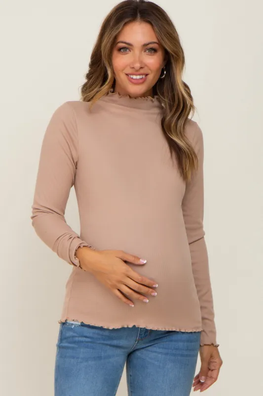 Taupe Ribbed Mock Neck Lettuce Trim Maternity Long Sleeve Top sold by Pinkblush