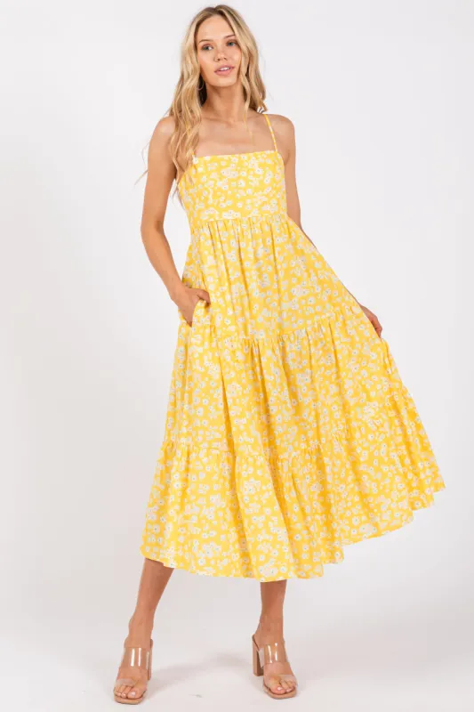 Yellow Floral Cutout Tie Back Midi Dress sold by Pinkblush