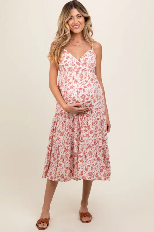 Mauve Floral Sleeveless Tiered Maternity Midi Dress sold by Pinkblush