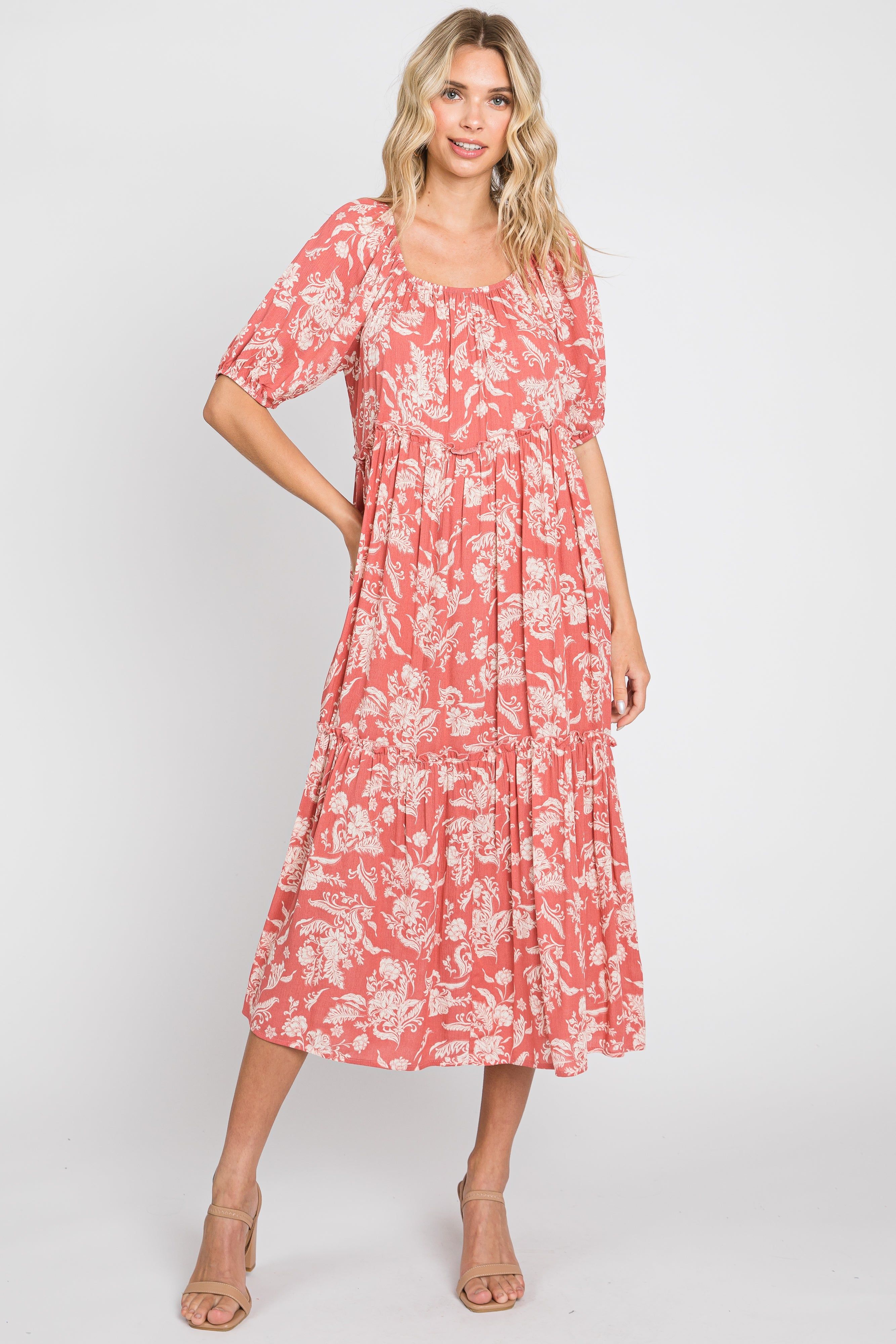 Magenta Floral Tiered Short Sleeve Maternity Midi Dress sold by Pinkblush product image thumbnail 5