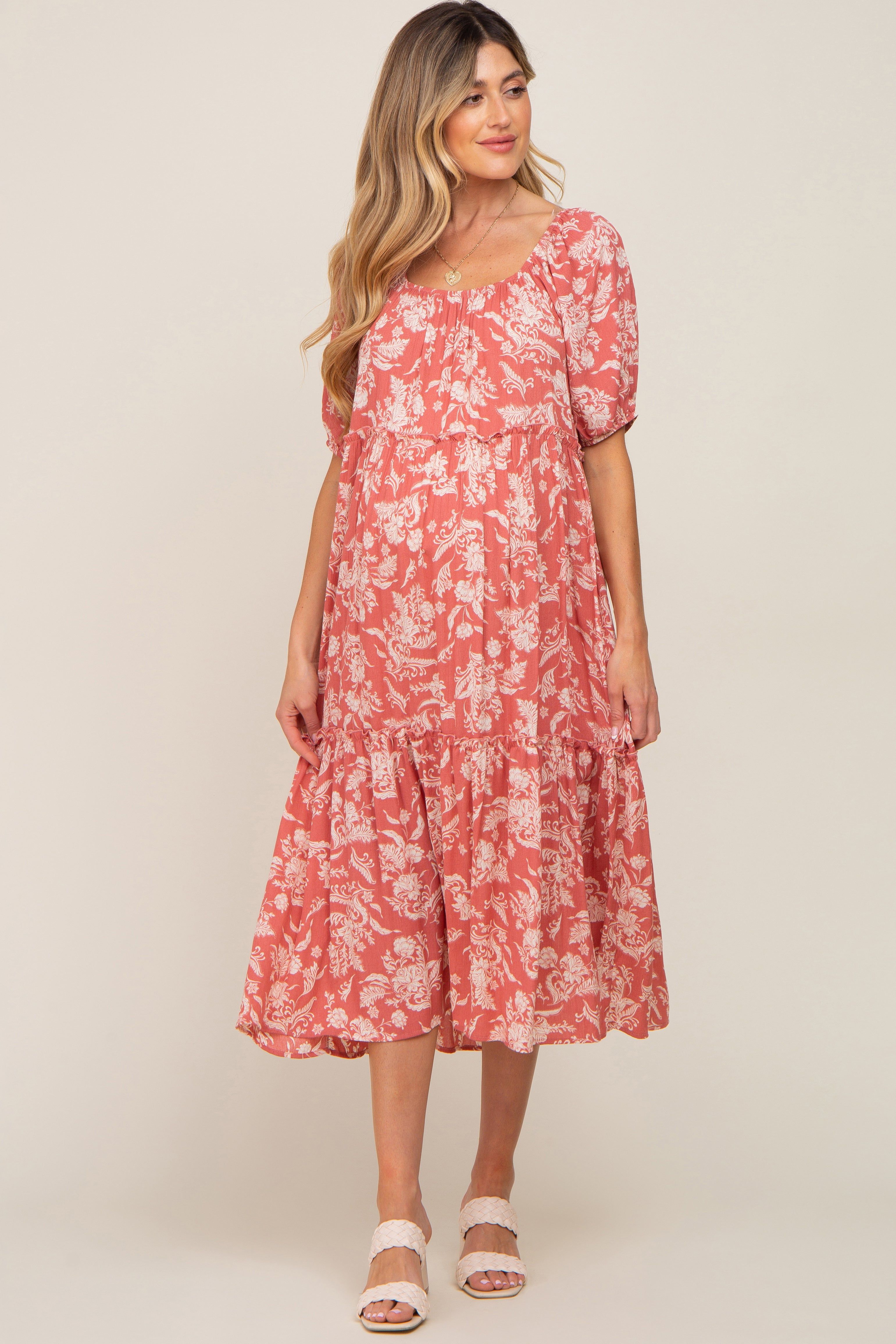 Magenta Floral Tiered Short Sleeve Maternity Midi Dress sold by Pinkblush product image thumbnail 2
