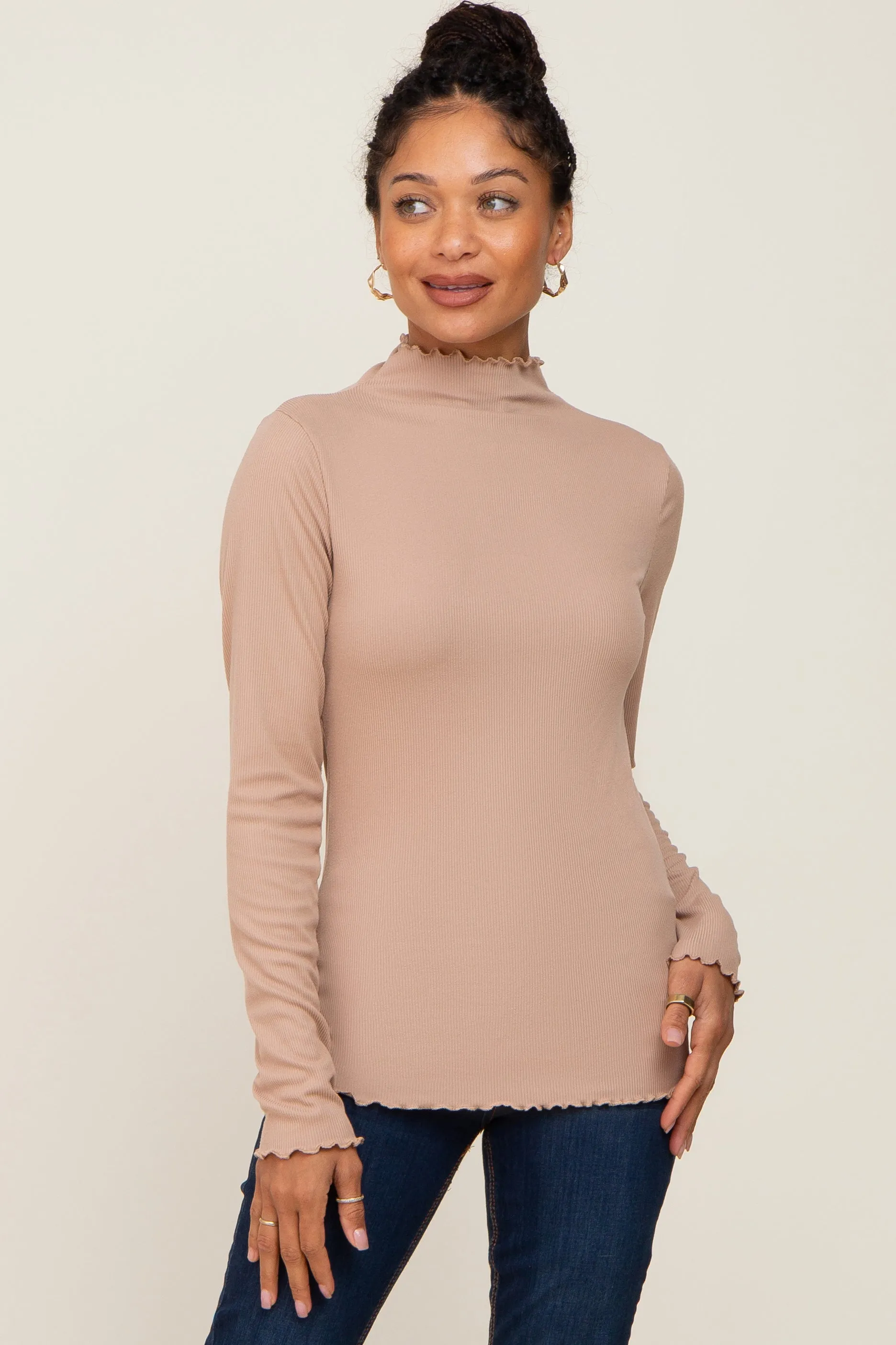 Taupe Ribbed Mock Neck Lettuce Trim Maternity Long Sleeve Top sold by Pinkblush product image thumbnail 5