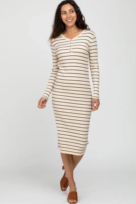 Cream Ribbed Striped Midi Dress sold by Pinkblush