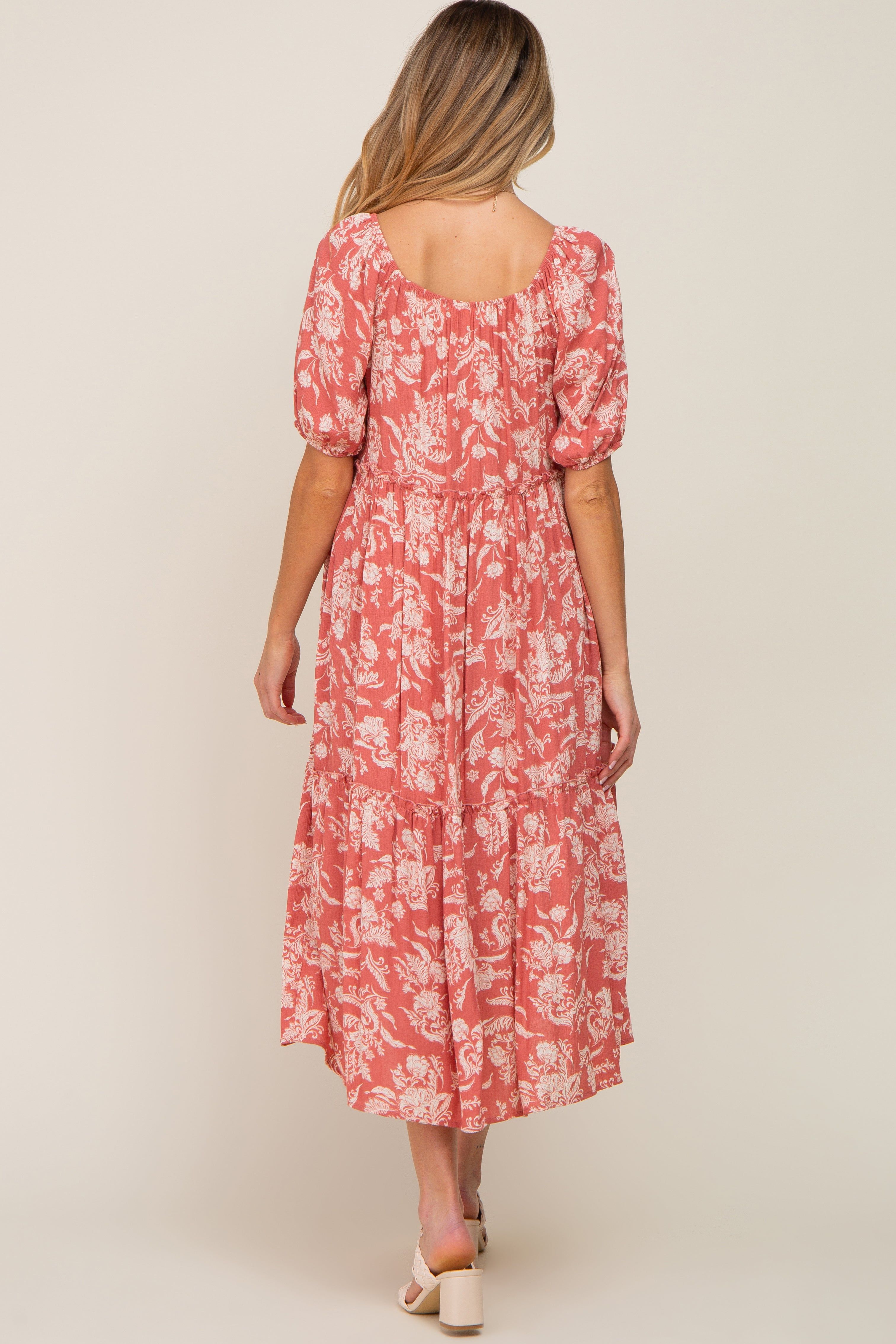 Magenta Floral Tiered Short Sleeve Maternity Midi Dress sold by Pinkblush product image thumbnail 4