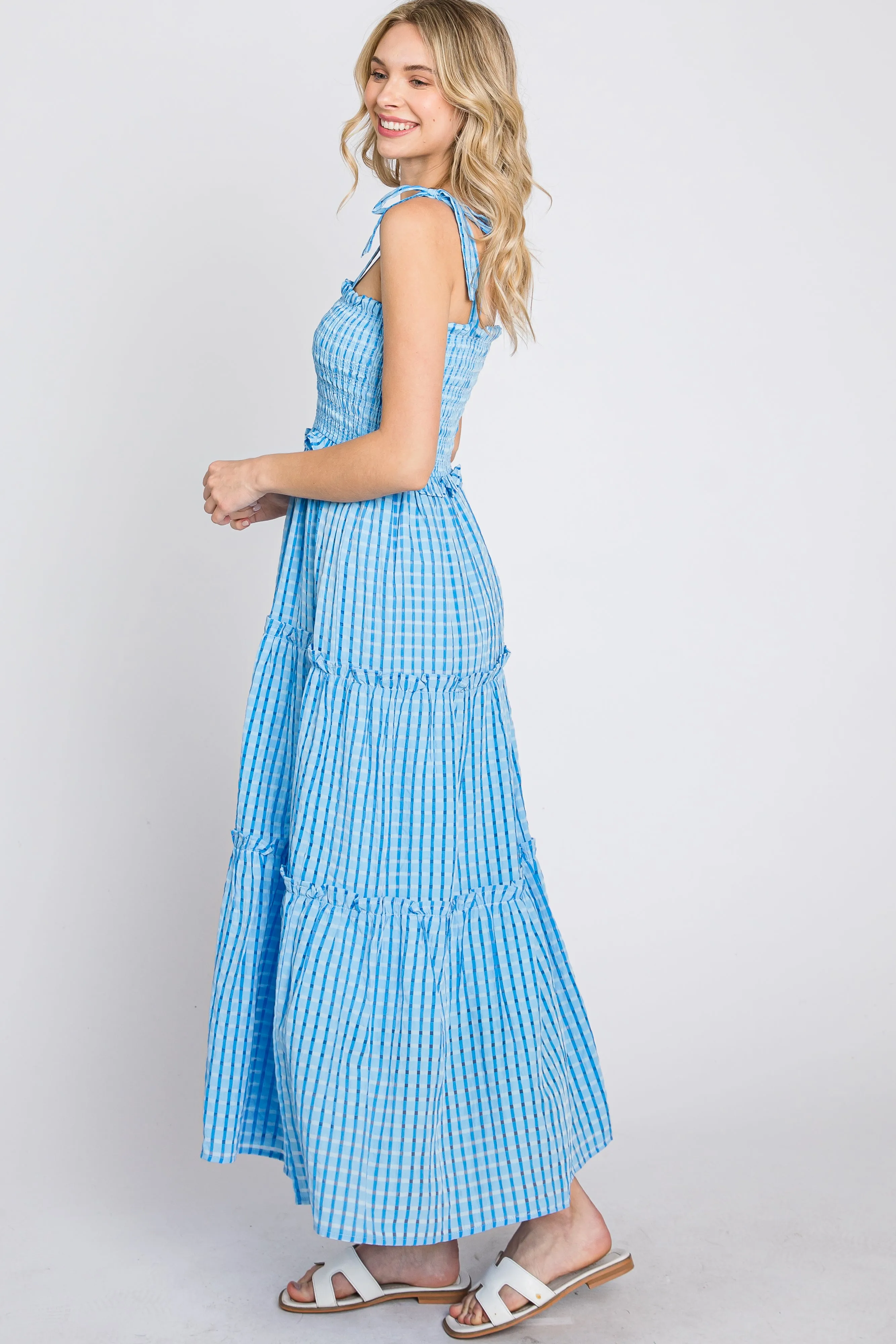 Blue Striped Smocked Shoulder Tie Midi Dress sold by Pinkblush product image thumbnail 5