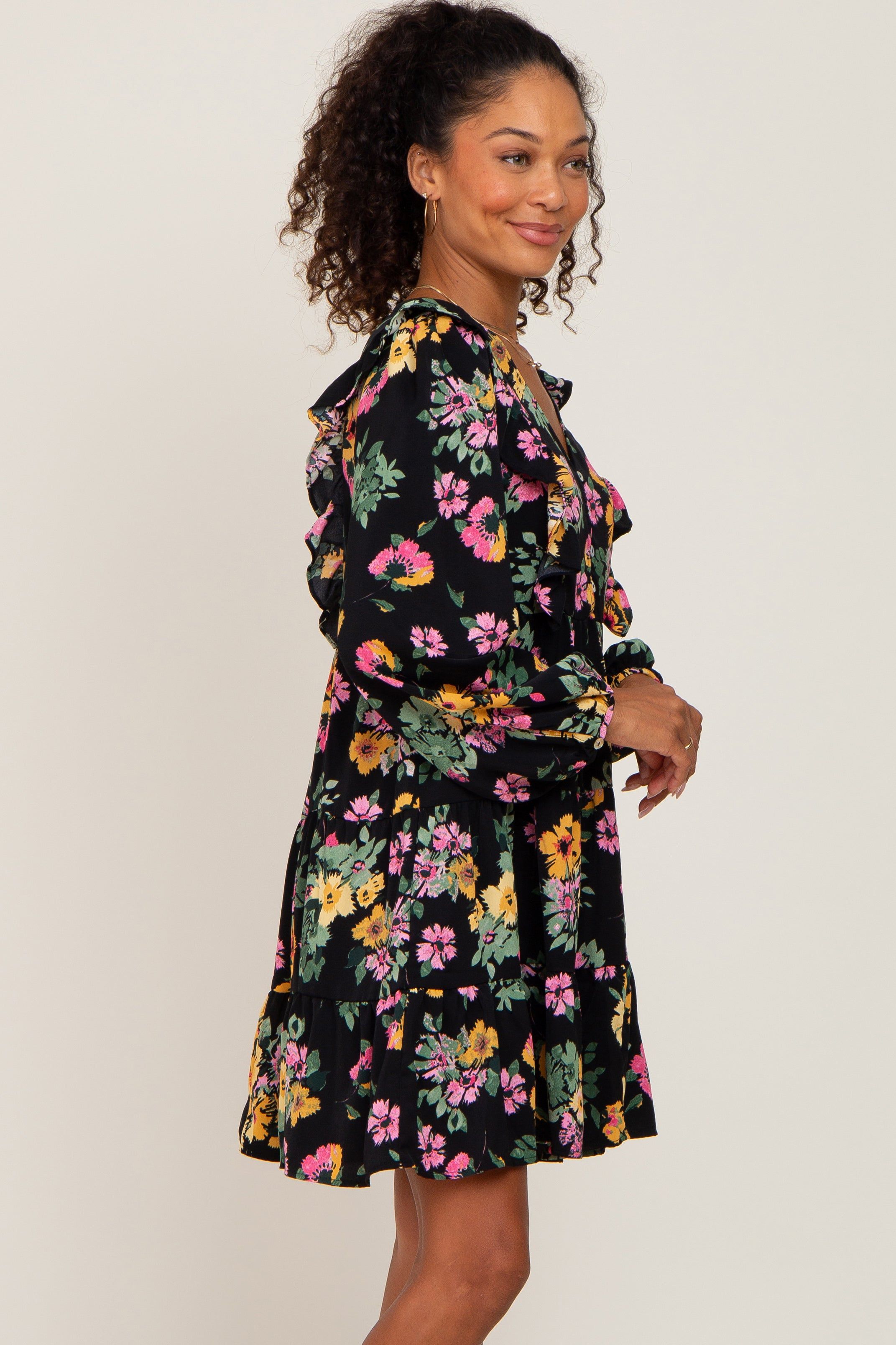 Black Floral Ruffle Accent Long Sleeve Dress sold by Pinkblush product image thumbnail 2