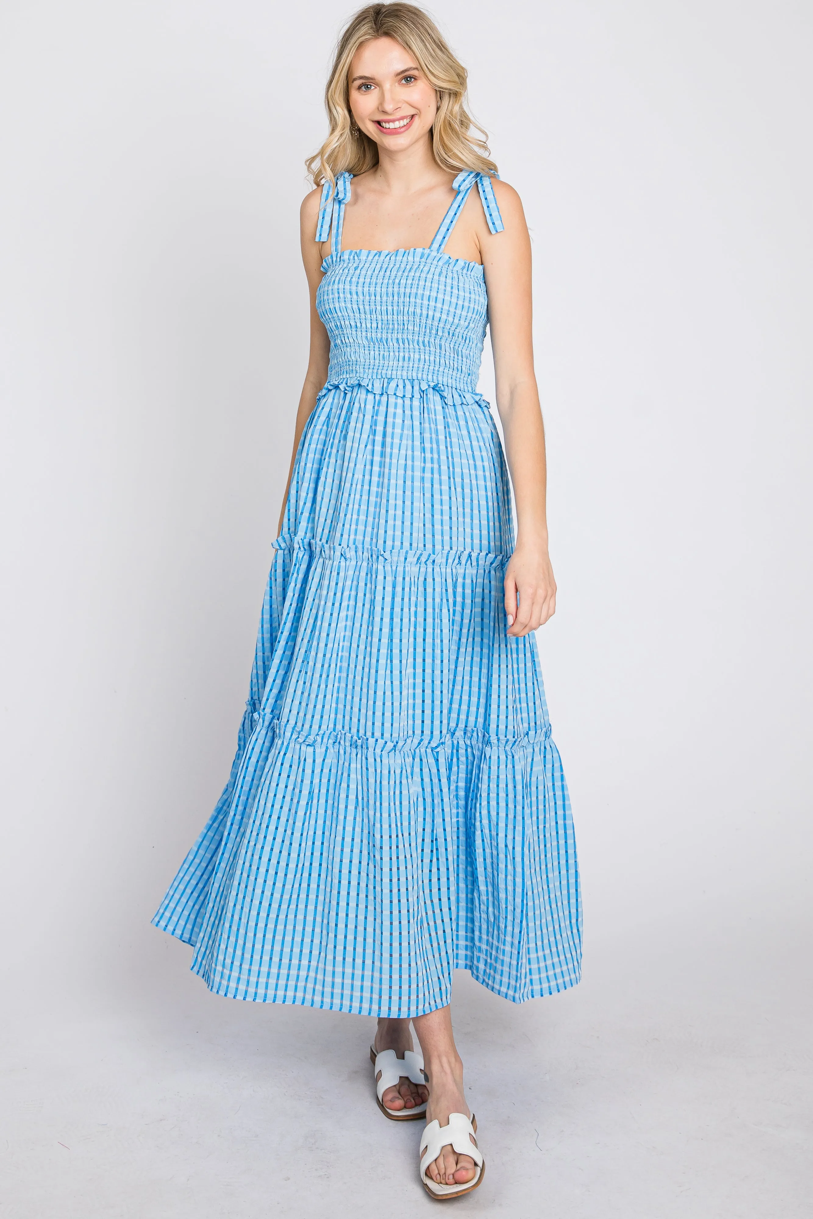 Blue Striped Smocked Shoulder Tie Midi Dress sold by Pinkblush product image thumbnail 2