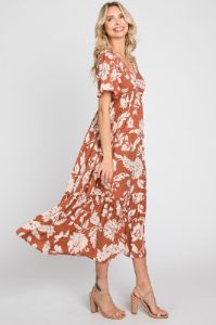 Rust Tropical Print Ruffle Midi Dress sold by Pinkblush