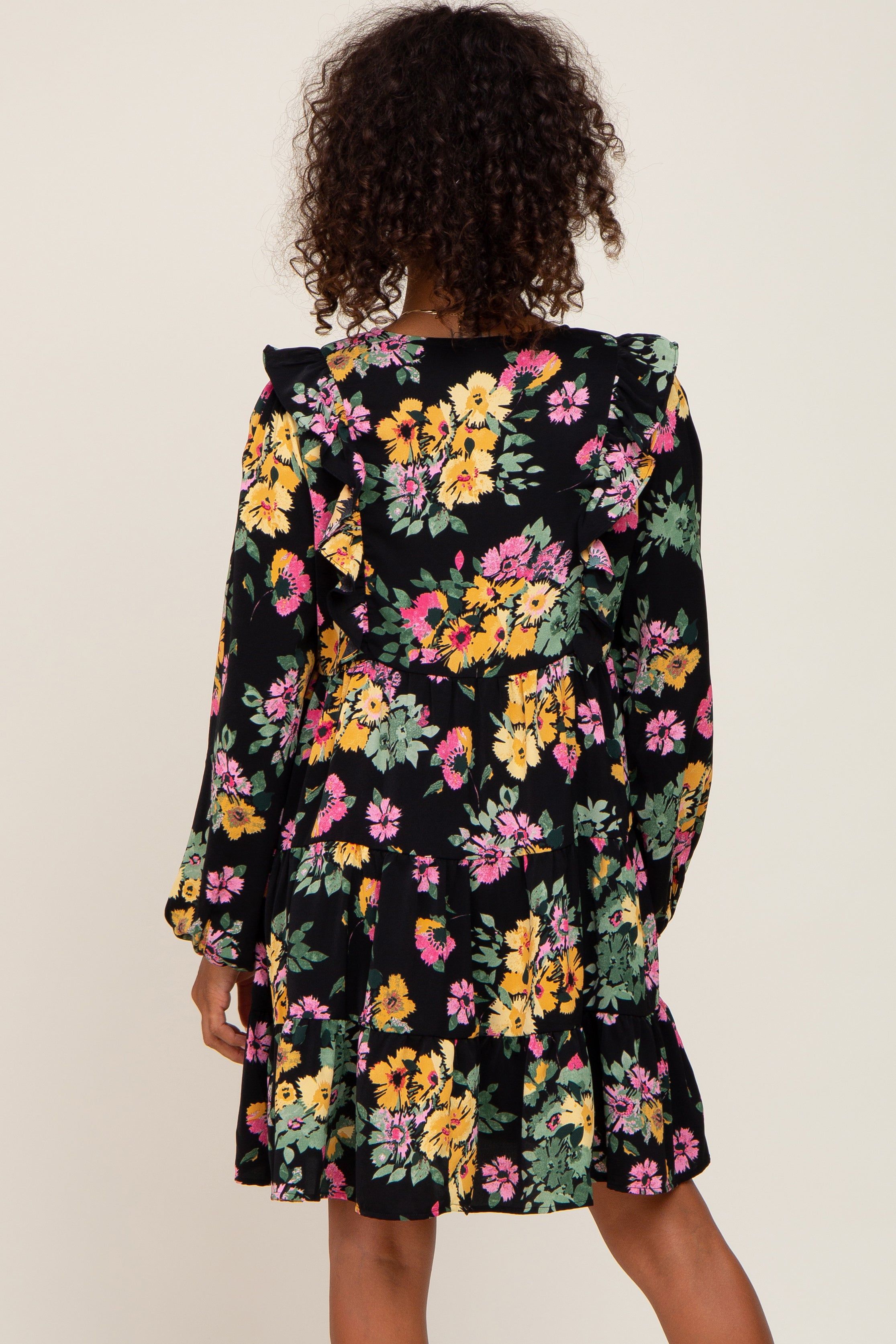 Black Floral Ruffle Accent Long Sleeve Dress sold by Pinkblush product image thumbnail 3