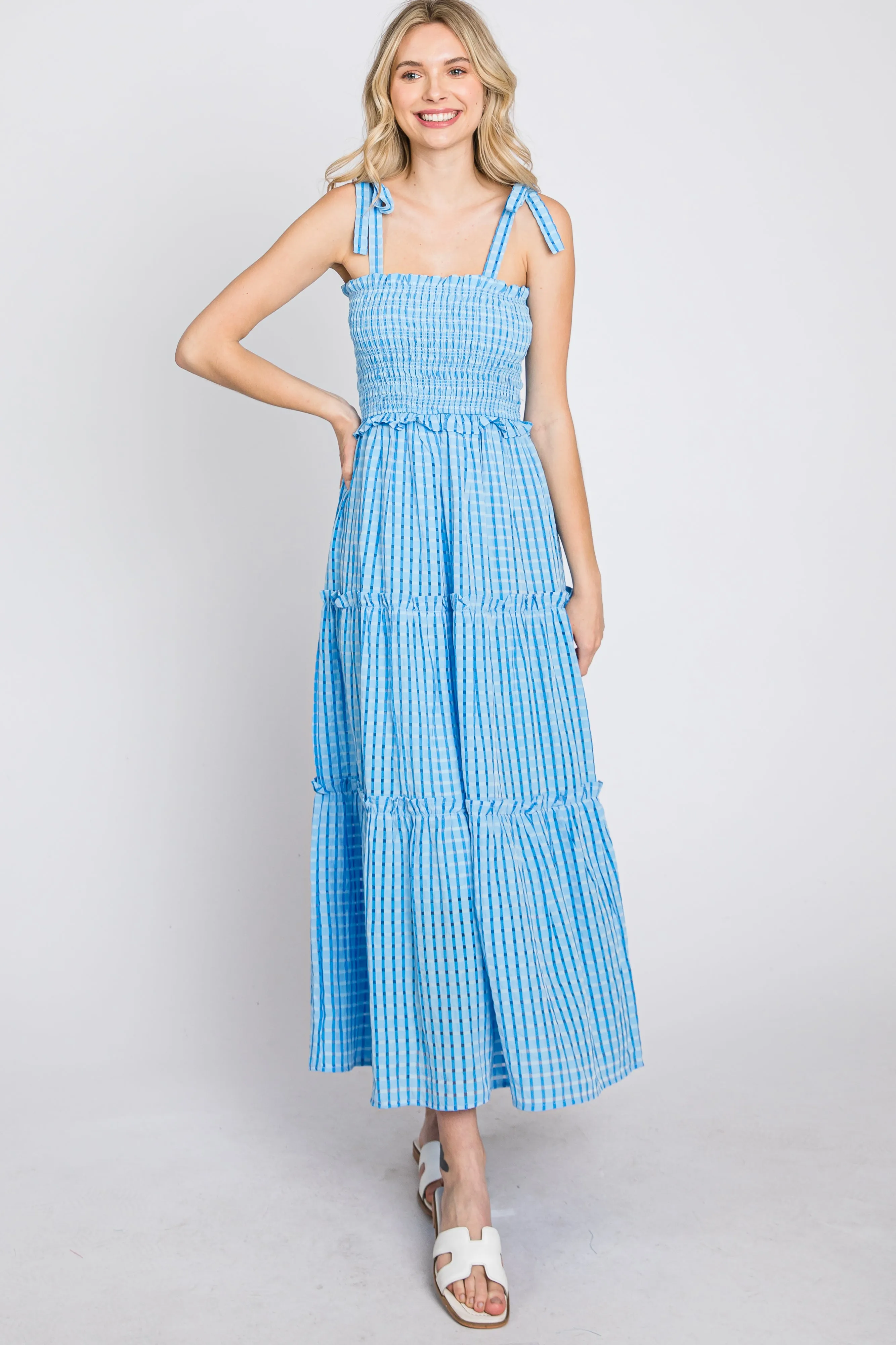 Blue Striped Smocked Shoulder Tie Midi Dress sold by Pinkblush product image thumbnail 3