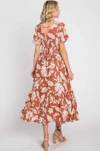 Rust Tropical Print Ruffle Midi Dress sold by Pinkblush