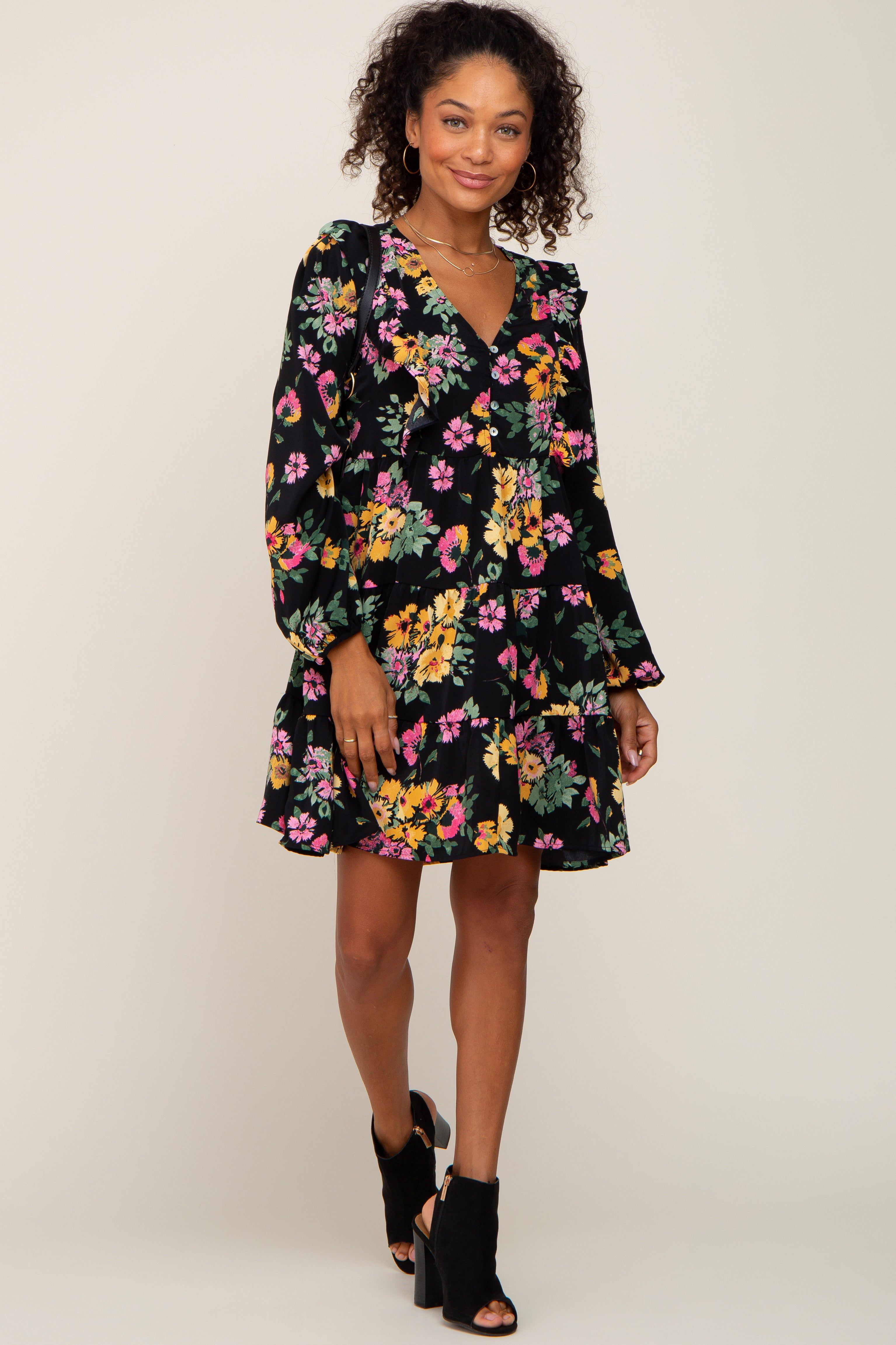Black Floral Ruffle Accent Long Sleeve Dress sold by Pinkblush product image thumbnail 4