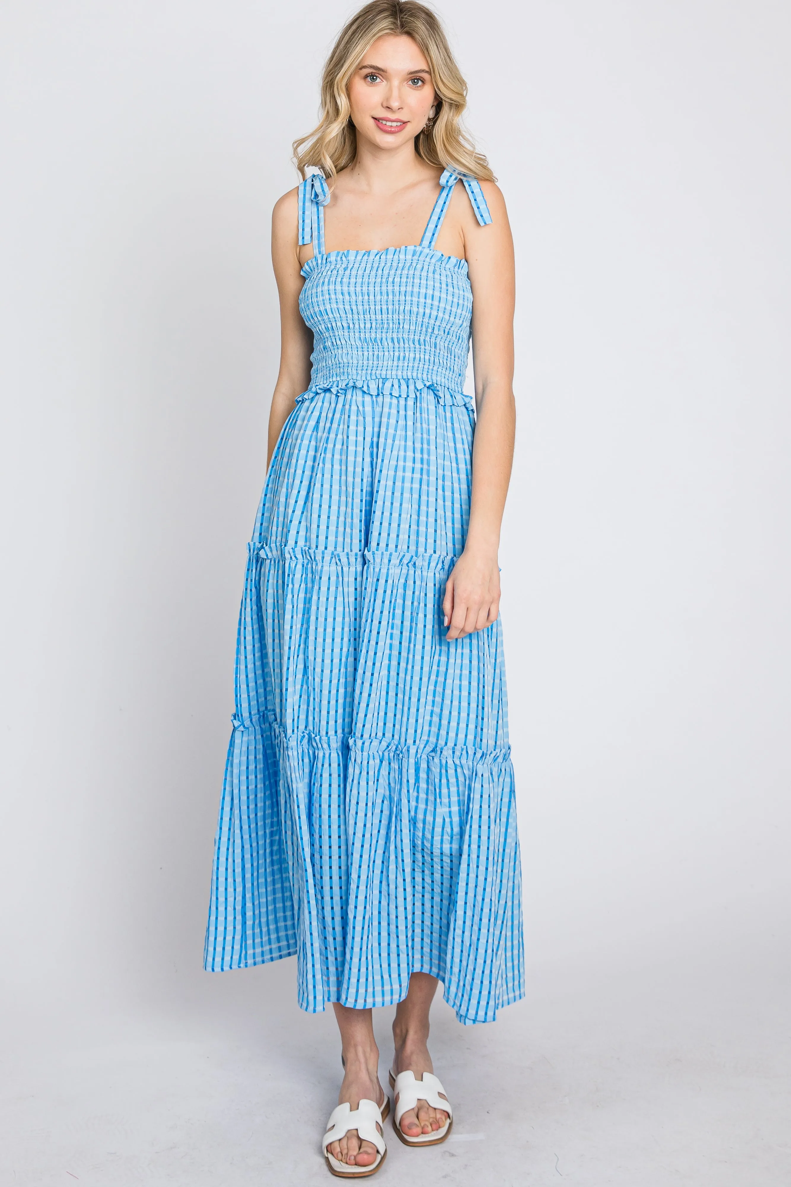 Blue Striped Smocked Shoulder Tie Midi Dress sold by Pinkblush product image thumbnail 4