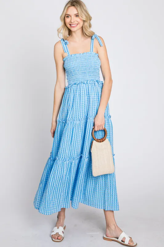 Blue Striped Smocked Shoulder Tie Midi Dress sold by Pinkblush