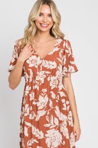 Rust Tropical Print Ruffle Midi Dress sold by Pinkblush