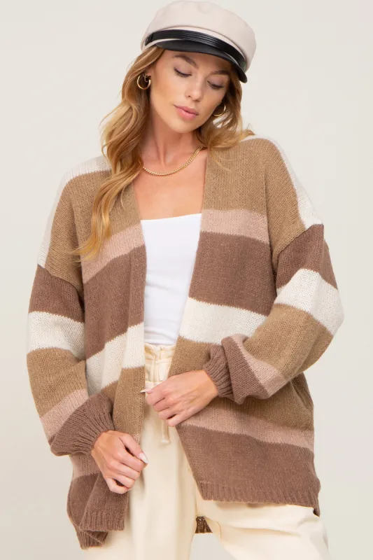 Mocha Striped Open Knit Cardigan sold by Pinkblush
