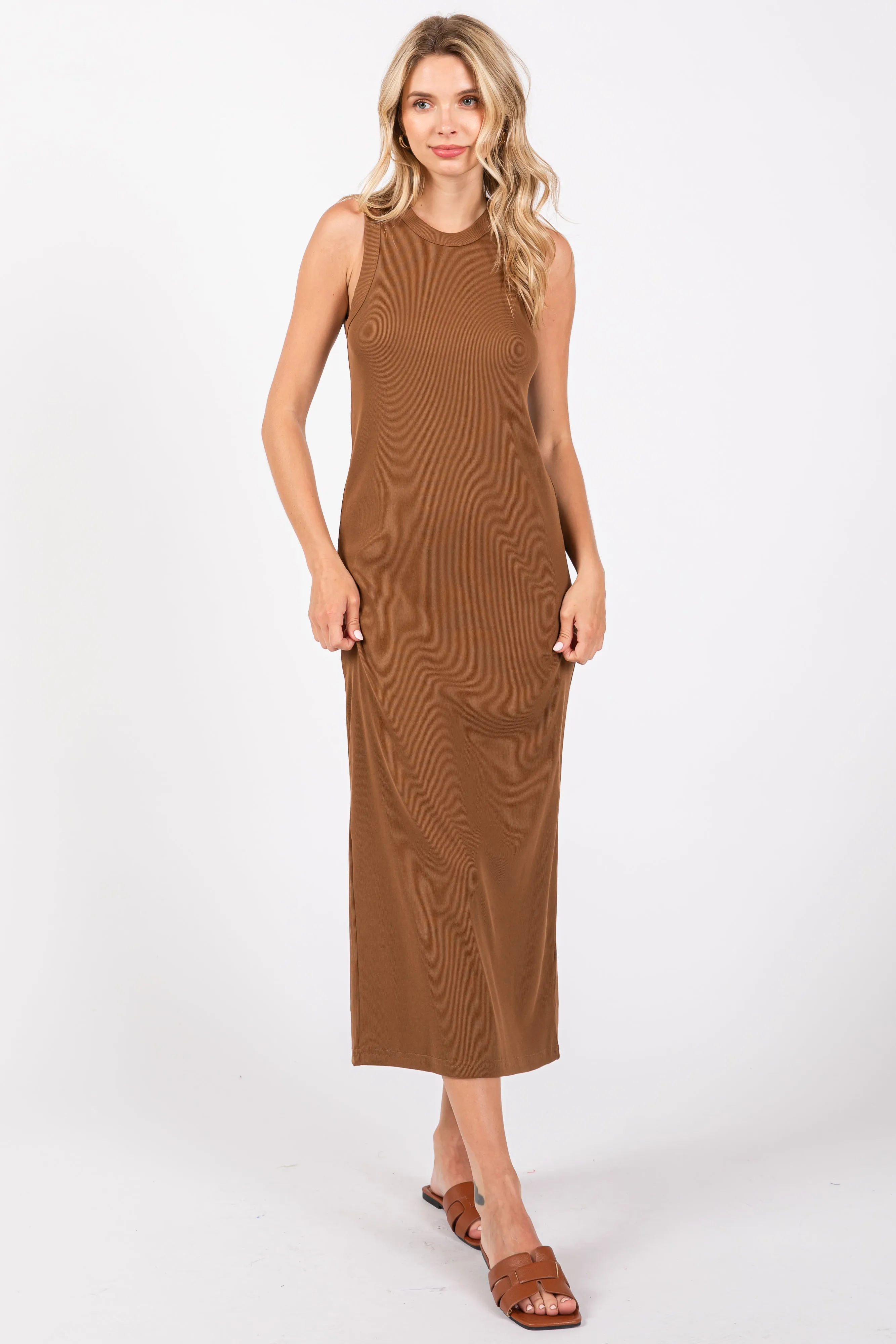Mocha Ribbed Knit Sleeveless Maternity Dress sold by Pinkblush product image thumbnail 4
