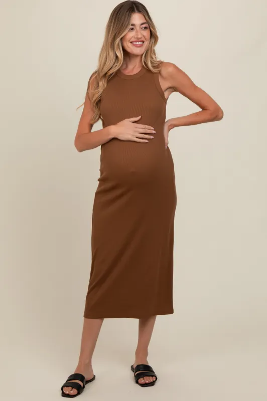 Mocha Ribbed Knit Sleeveless Maternity Dress sold by Pinkblush