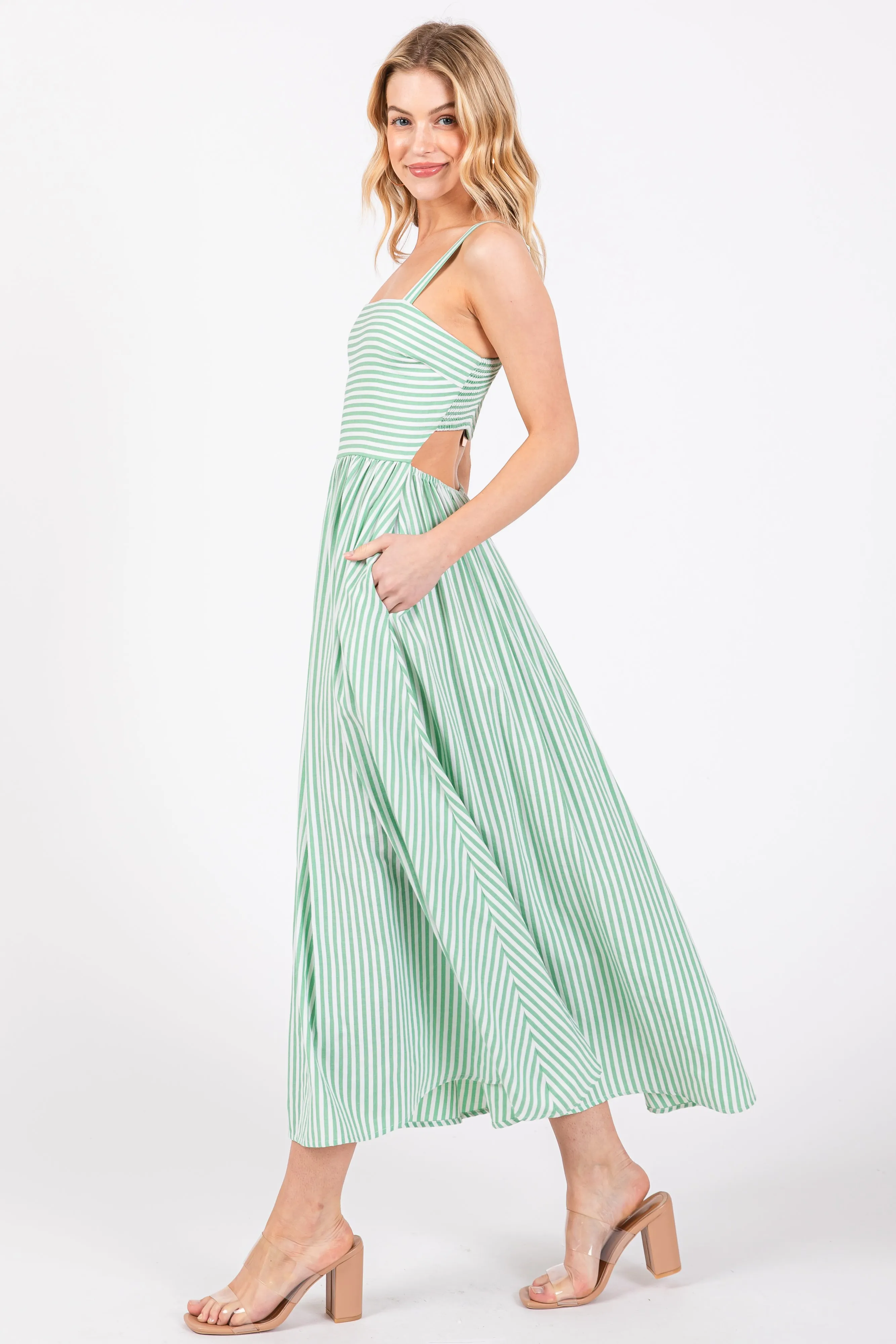 Green Striped Square Neck Open Back Sleeveless Midi Dress sold by Pinkblush product image thumbnail 4