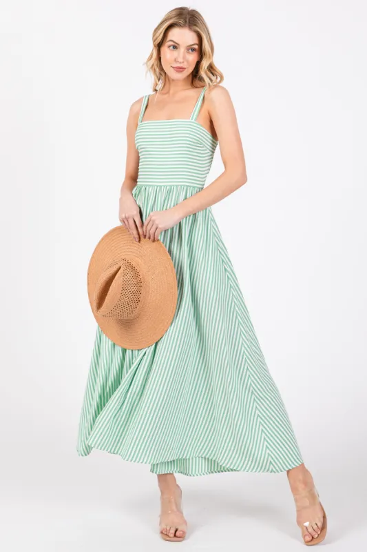 Green Striped Square Neck Open Back Sleeveless Midi Dress sold by Pinkblush