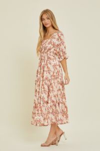Peach Floral Smocked Tiered Maxi Dress sold by Pinkblush