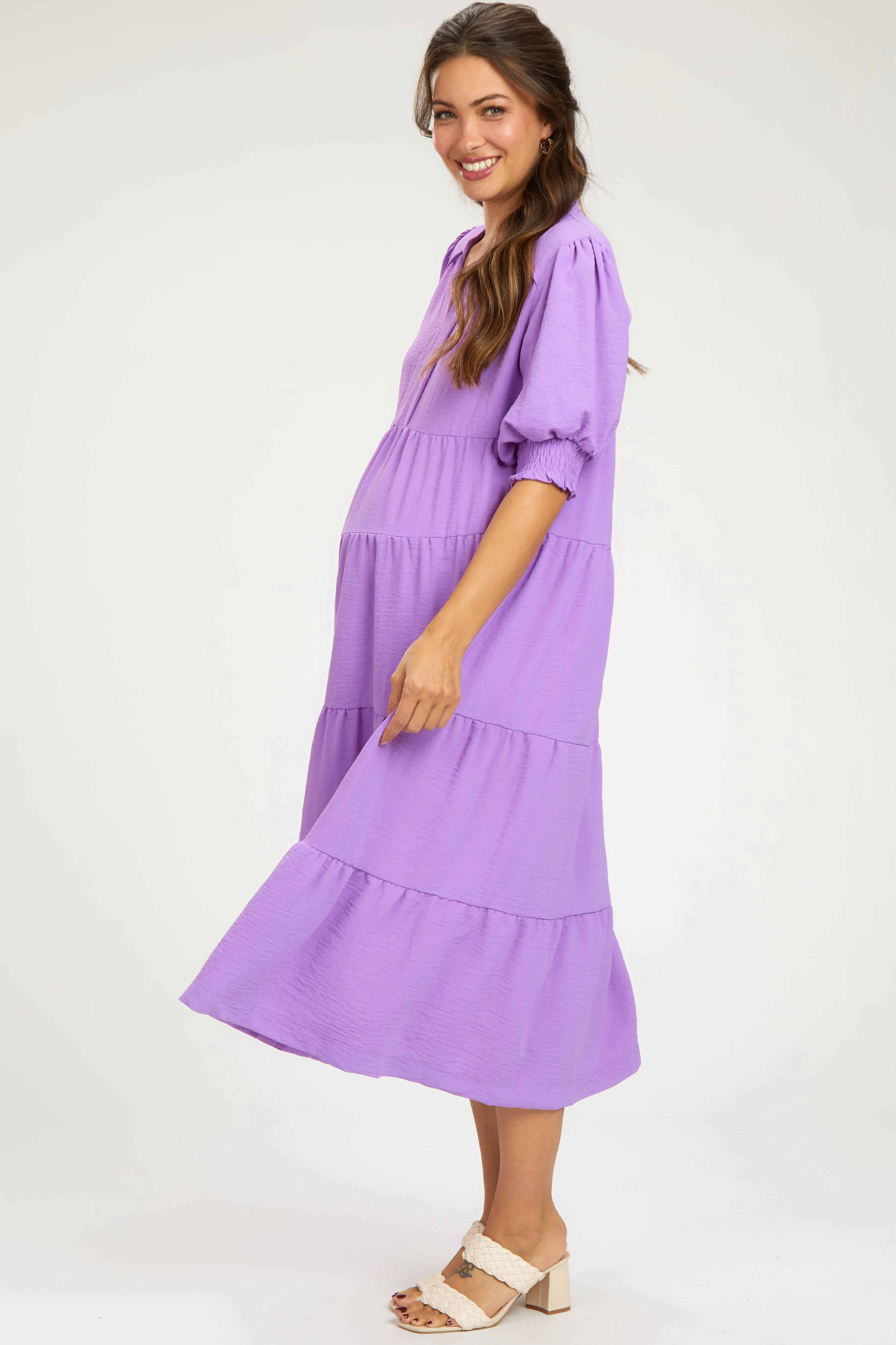 Lavender Short Sleeve Tiered Maternity Midi Dress sold by Pinkblush product image thumbnail 3