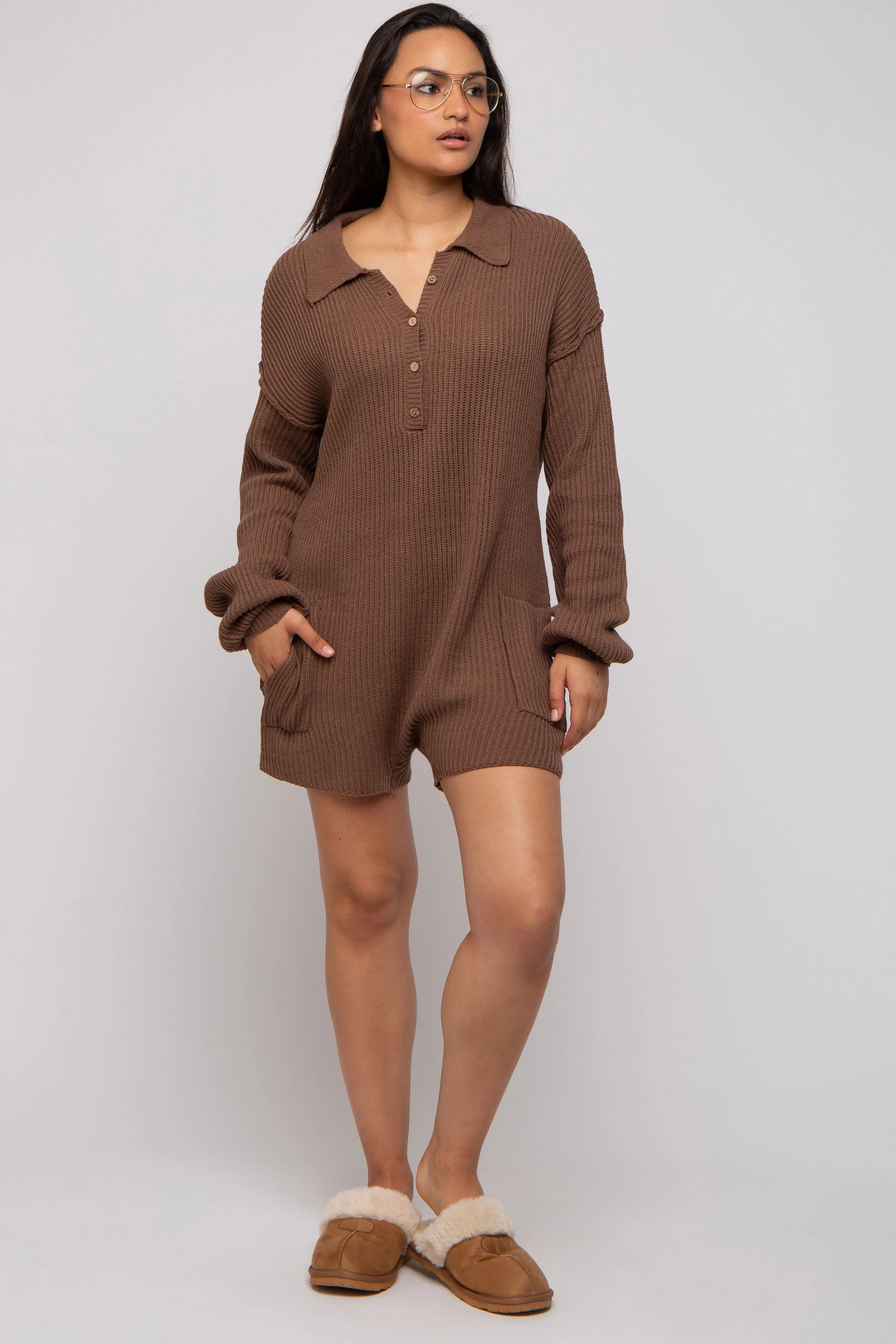 Mocha Button Up Sweater Romper sold by Pinkblush