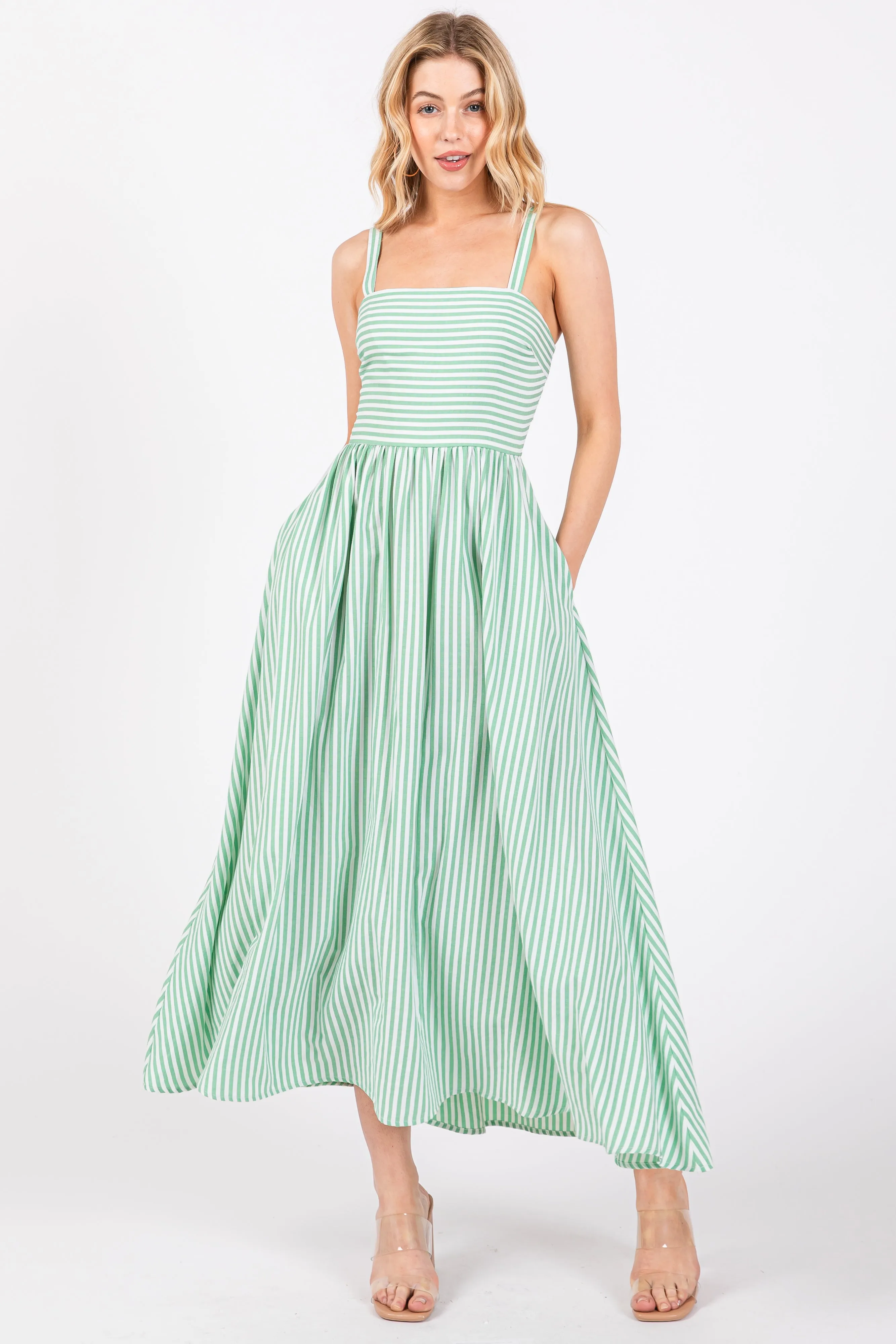 Green Striped Square Neck Open Back Sleeveless Midi Dress sold by Pinkblush product image thumbnail 2