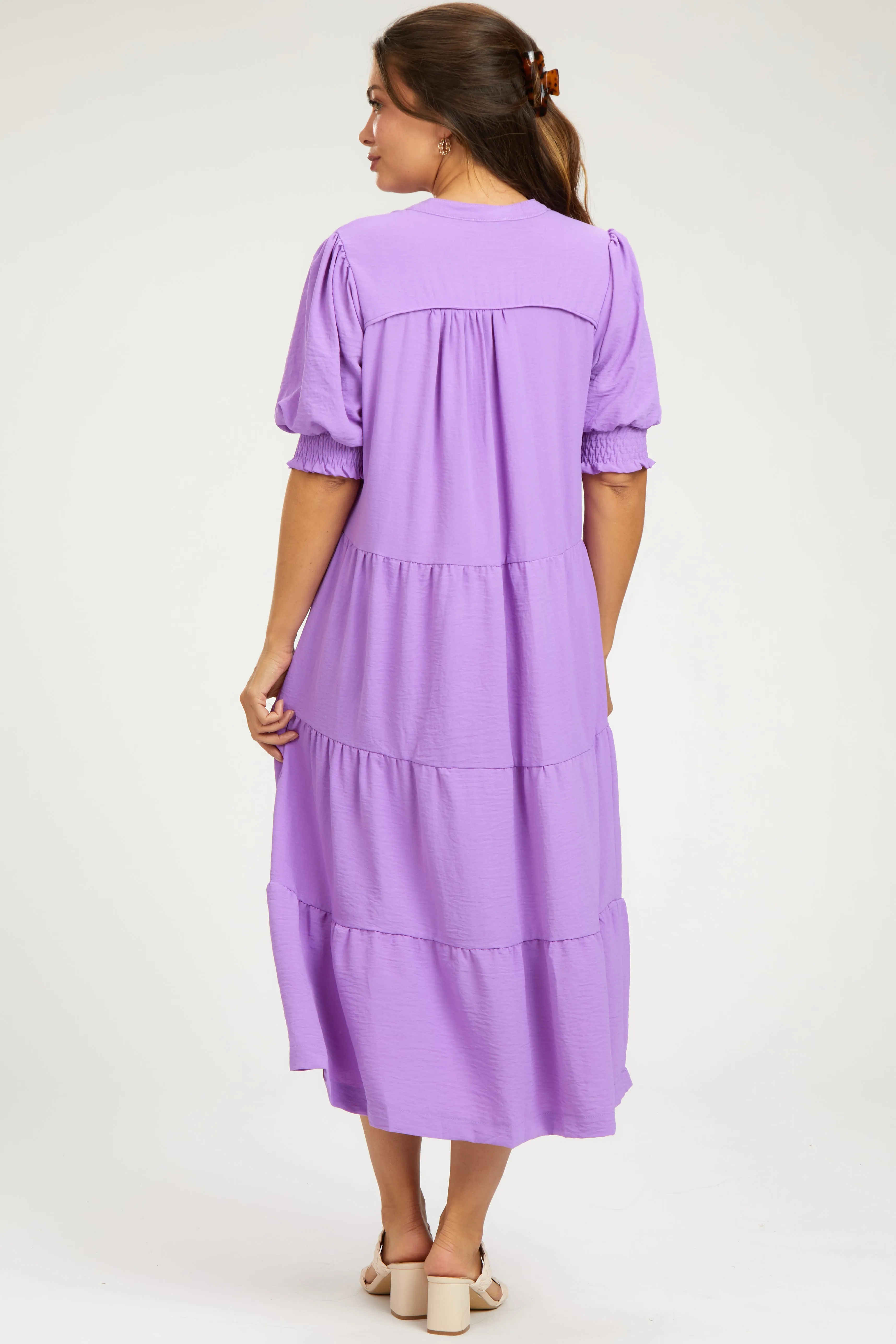 Lavender Short Sleeve Tiered Maternity Midi Dress sold by Pinkblush product image thumbnail 4