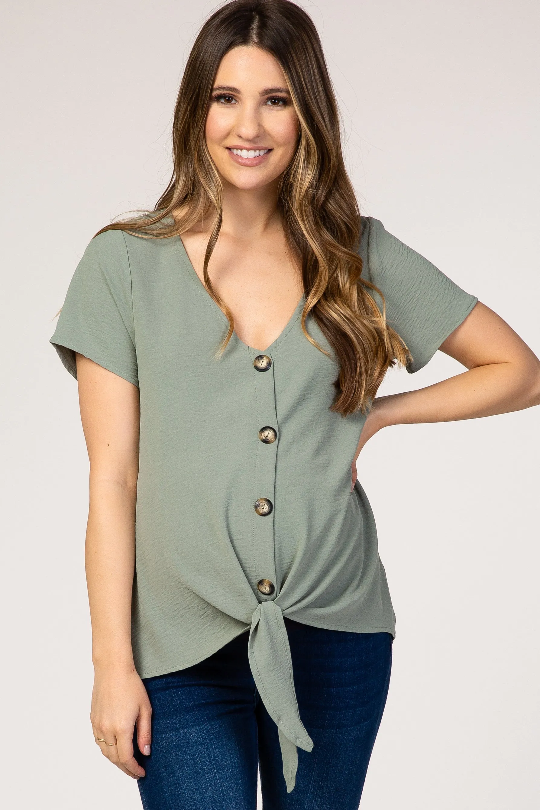 Green Button Tie Front Maternity Top sold by Pinkblush