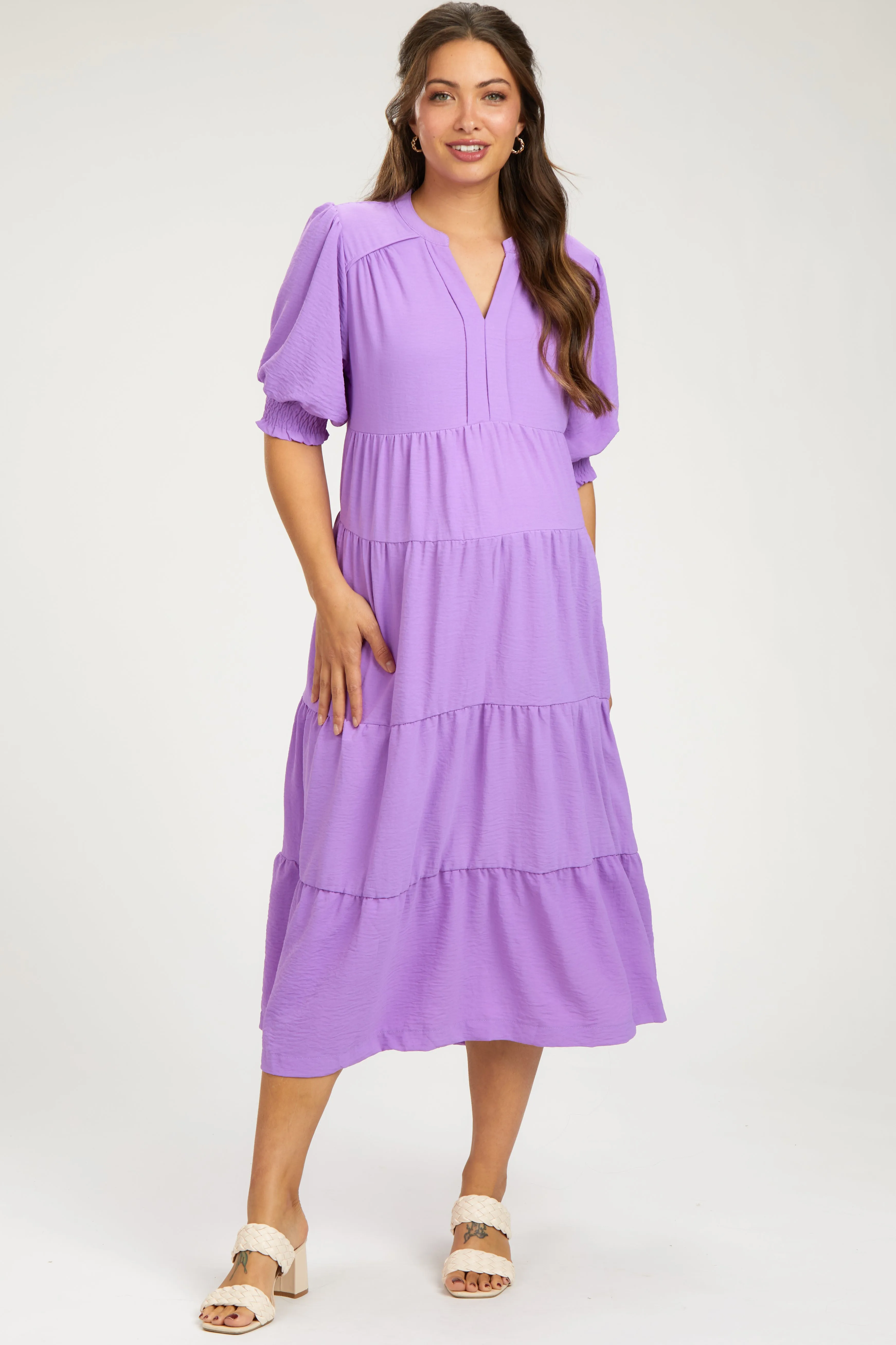 Lavender Short Sleeve Tiered Maternity Midi Dress sold by Pinkblush