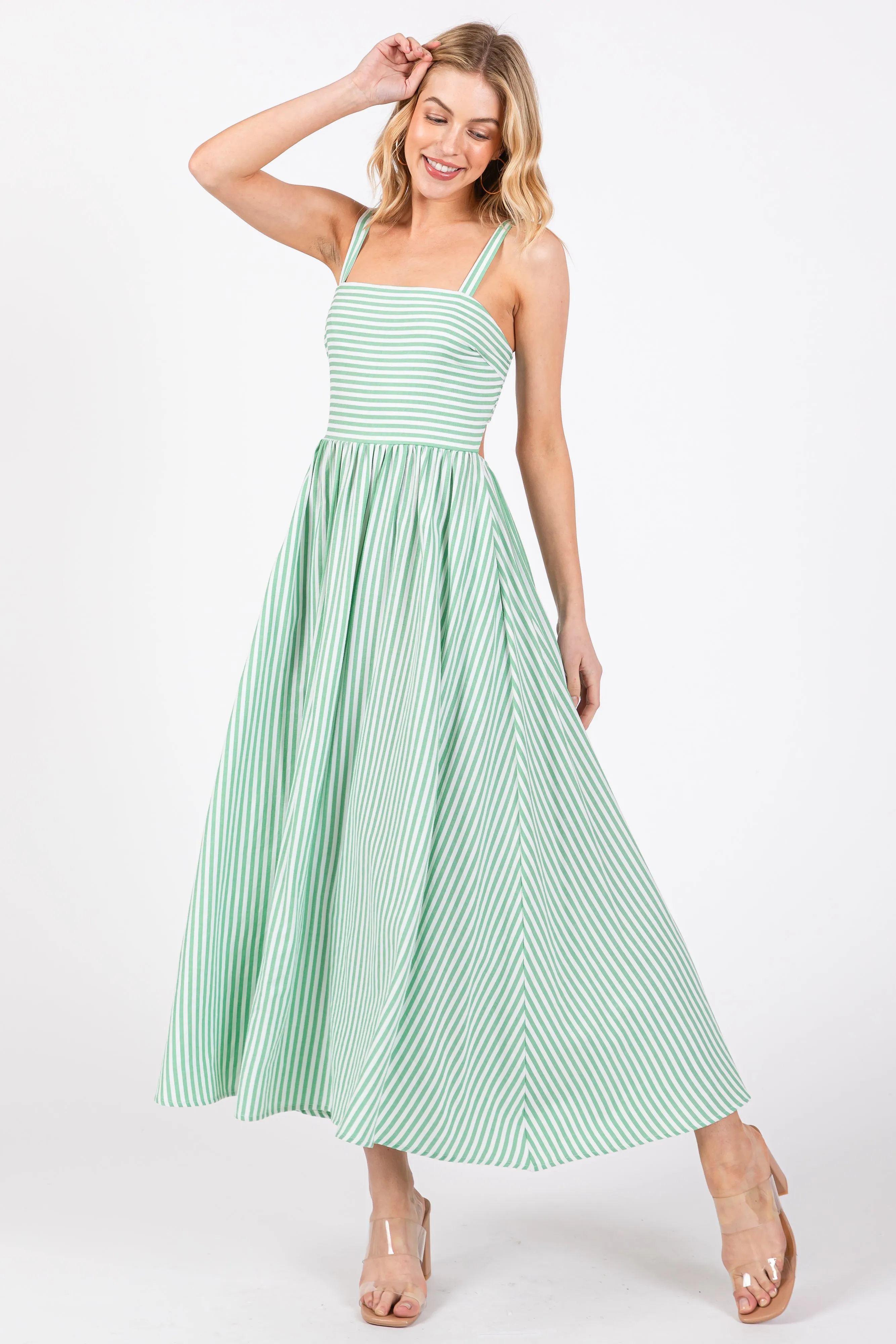 Green Striped Square Neck Open Back Sleeveless Midi Dress sold by Pinkblush product image thumbnail 3