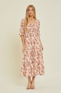 Peach Floral Smocked Tiered Maxi Dress sold by Pinkblush