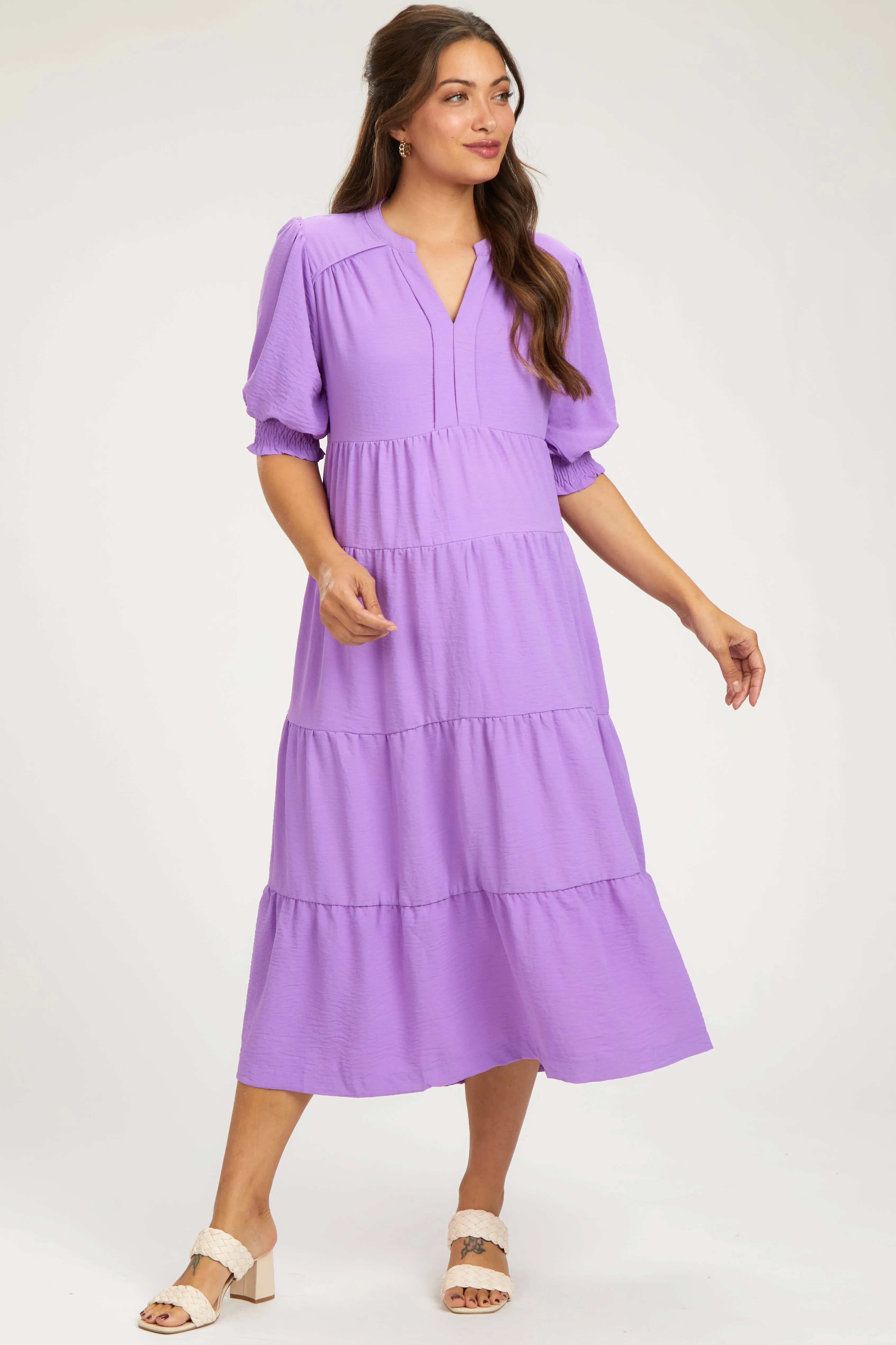 Lavender Short Sleeve Tiered Maternity Midi Dress sold by Pinkblush product image thumbnail 2