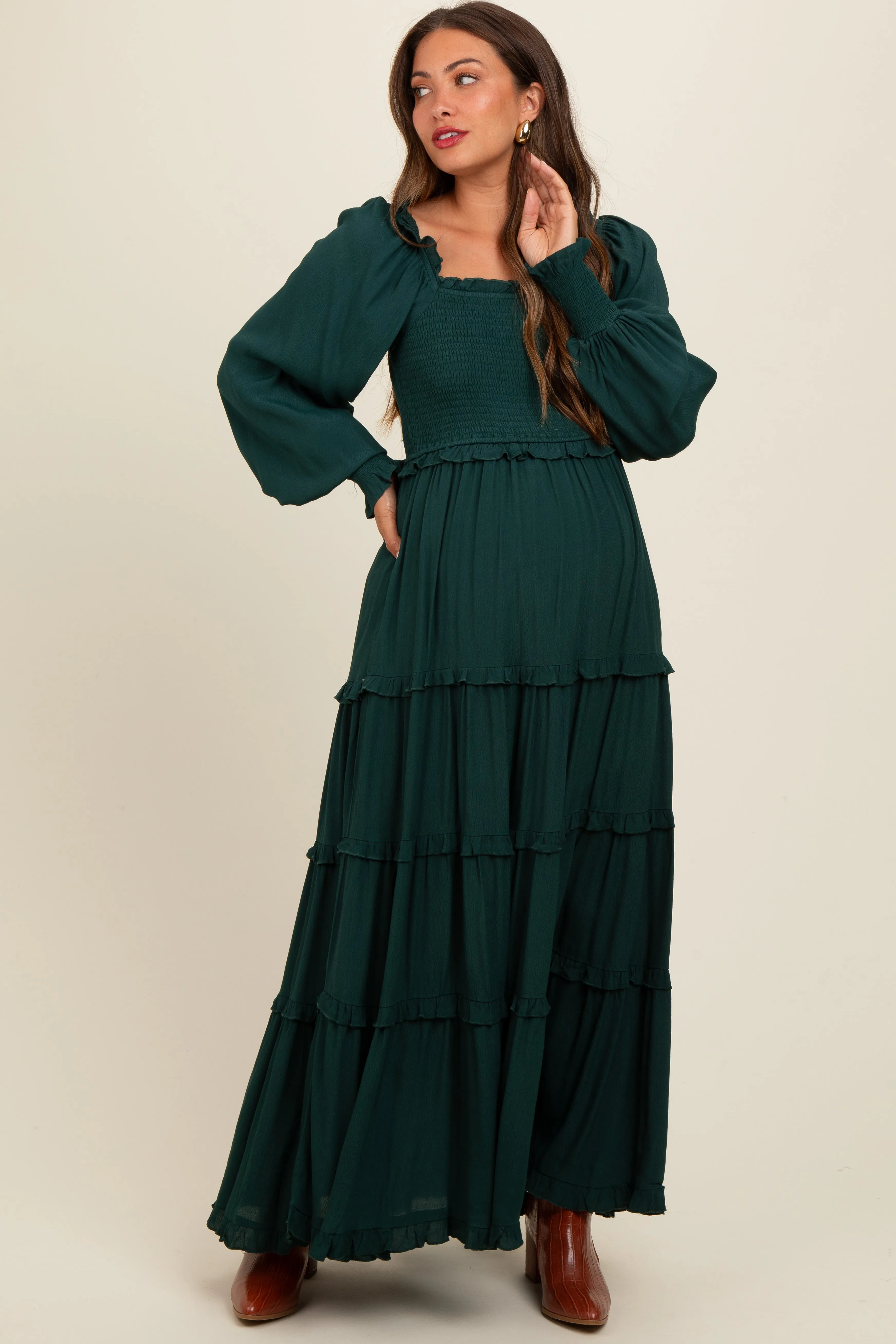 Forest Green Smocked Long Sleeve Ruffle Tiered Maternity Maxi Dress sold by Pinkblush