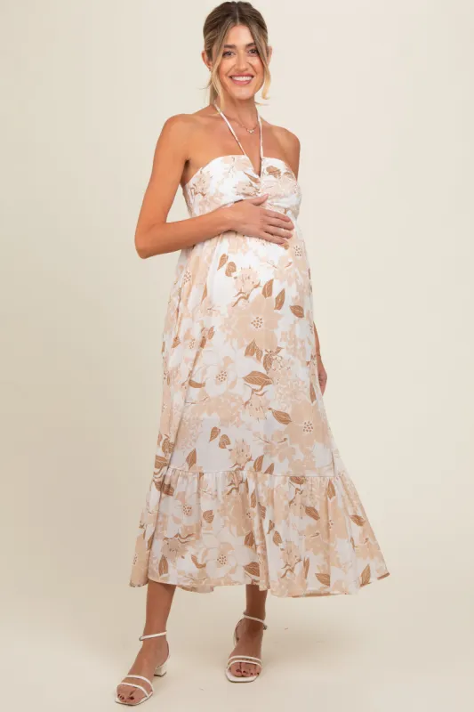 Beige Floral Ruched Front Halter Maternity Midi Dress sold by Pinkblush