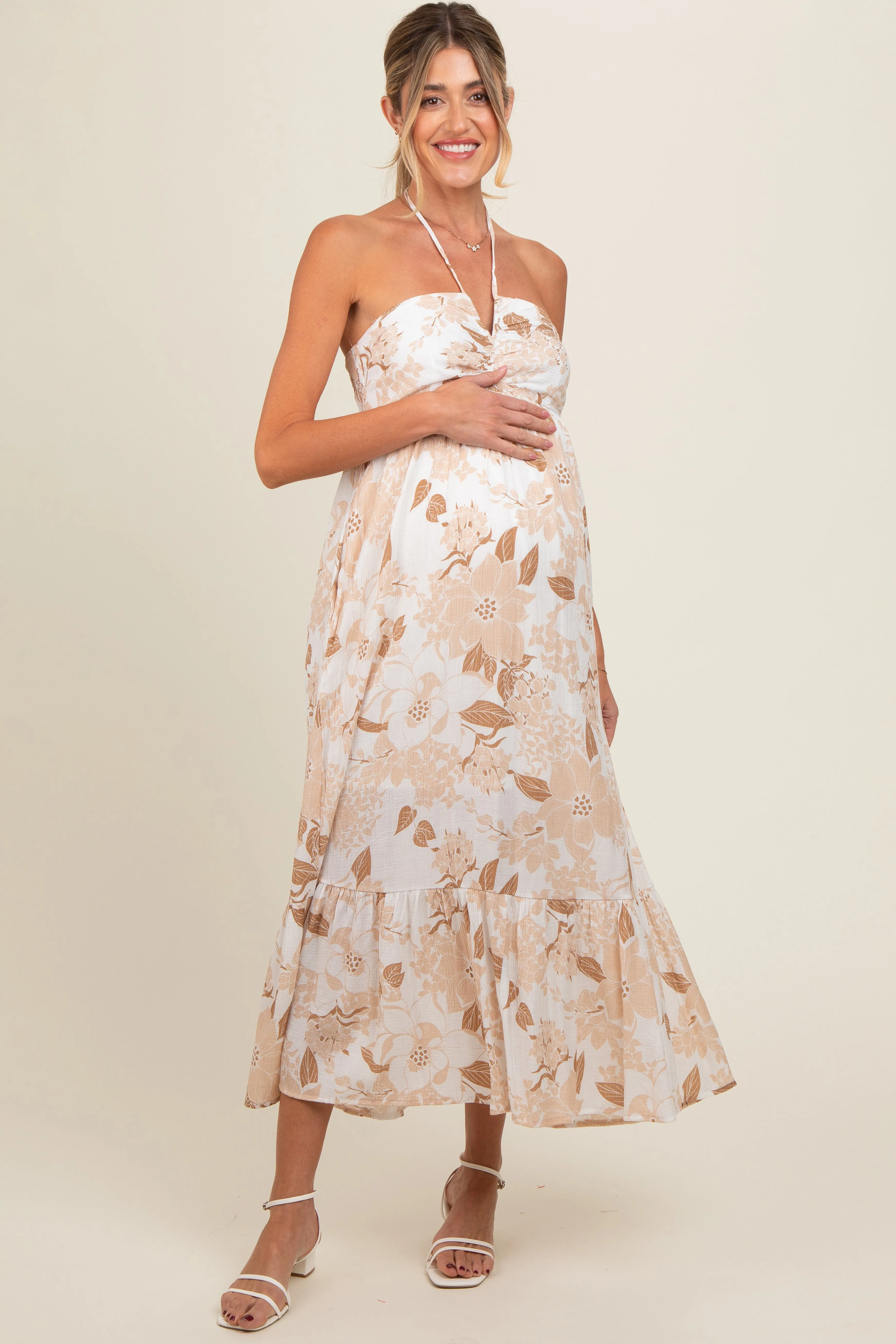 Beige Floral Ruched Front Halter Maternity Midi Dress sold by Pinkblush