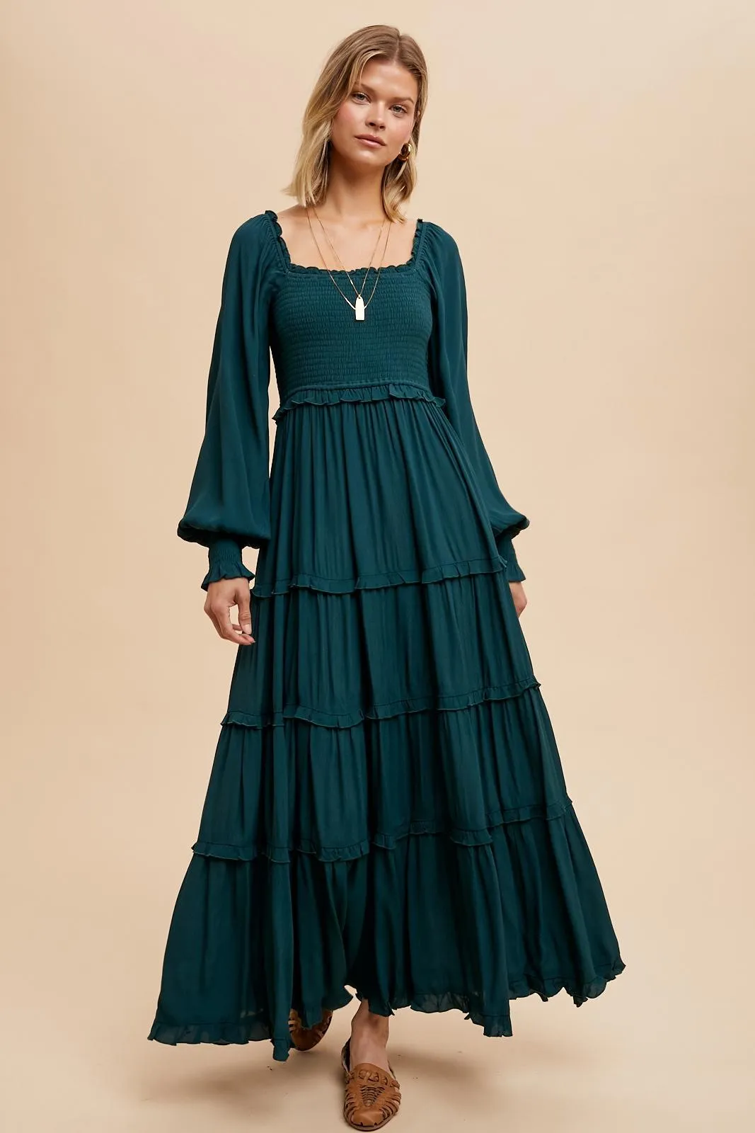 Forest Green Smocked Long Sleeve Ruffle Tiered Maternity Maxi Dress sold by Pinkblush product image thumbnail 5